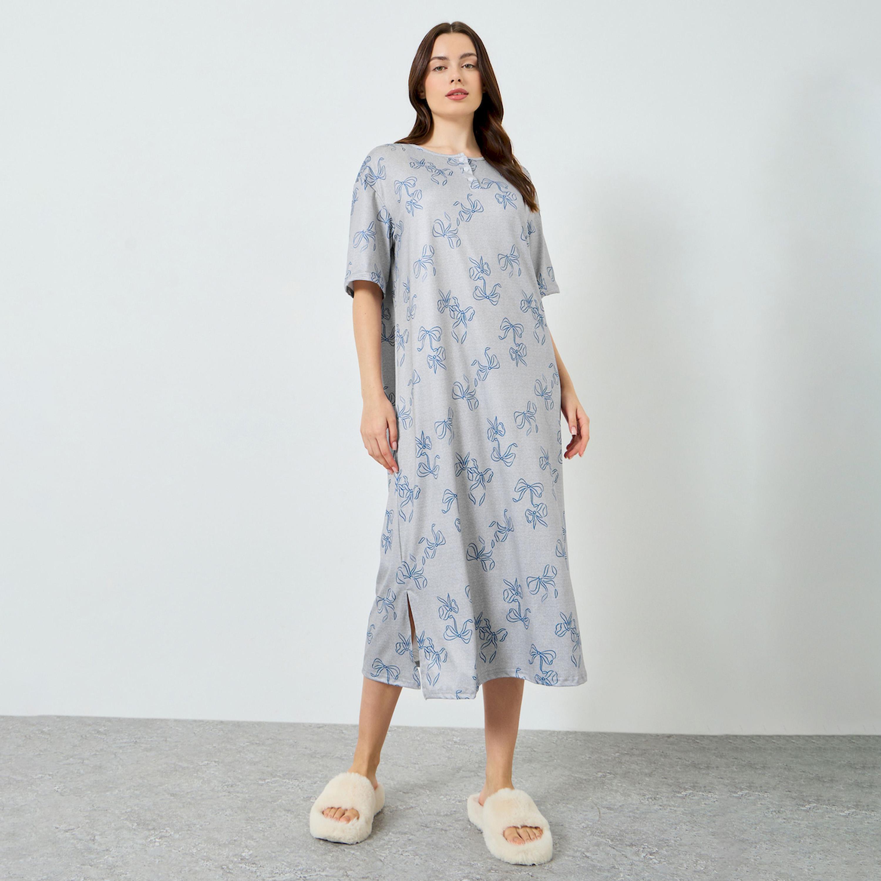 Styli Grey Bow Print Short Sleeve Nightdress-women-clothing-nightwear-nighties-image-1