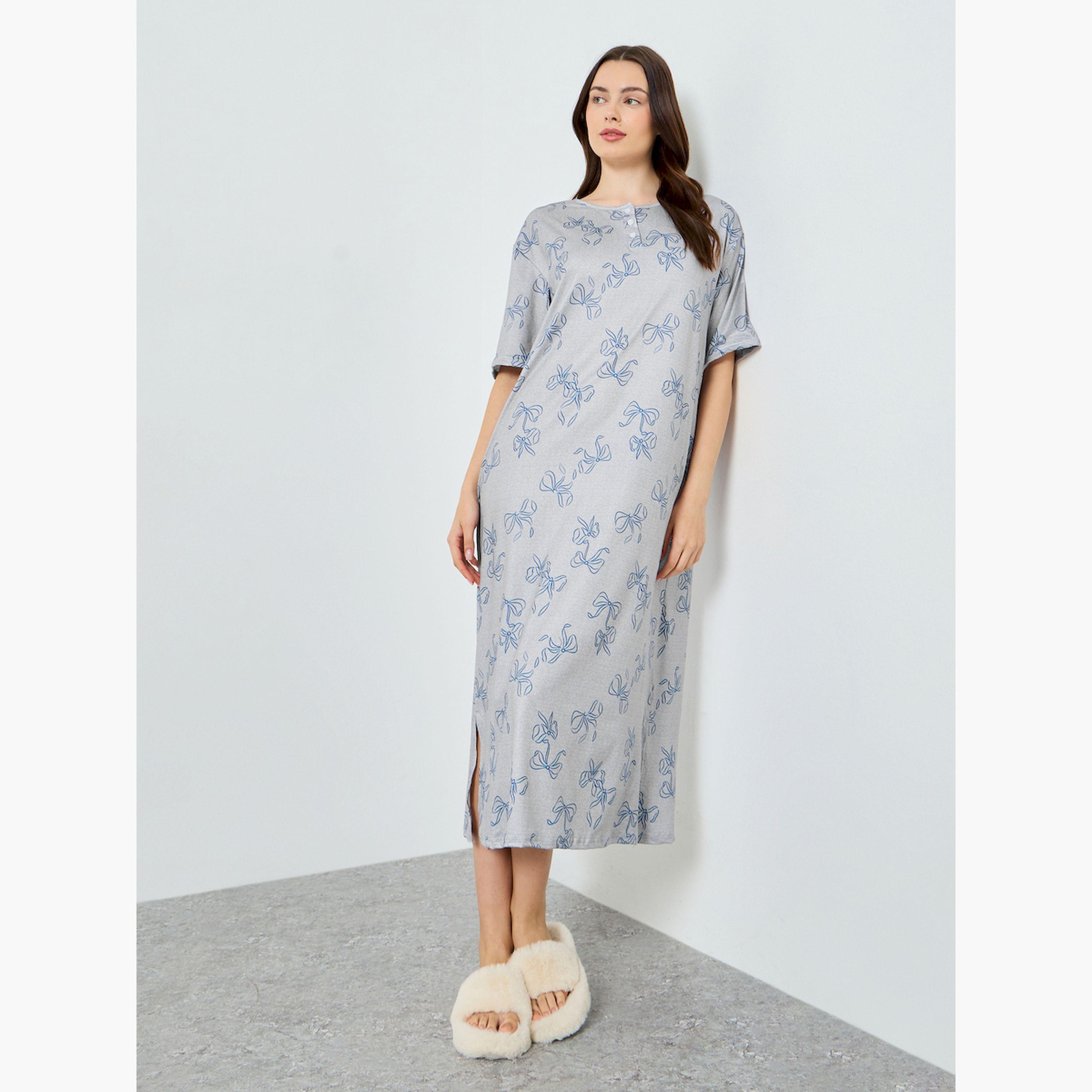 قميص نوم رمادي أكمام قصيرة بطبعة فيونكة-women-clothing-nightwear-nighties-image-2