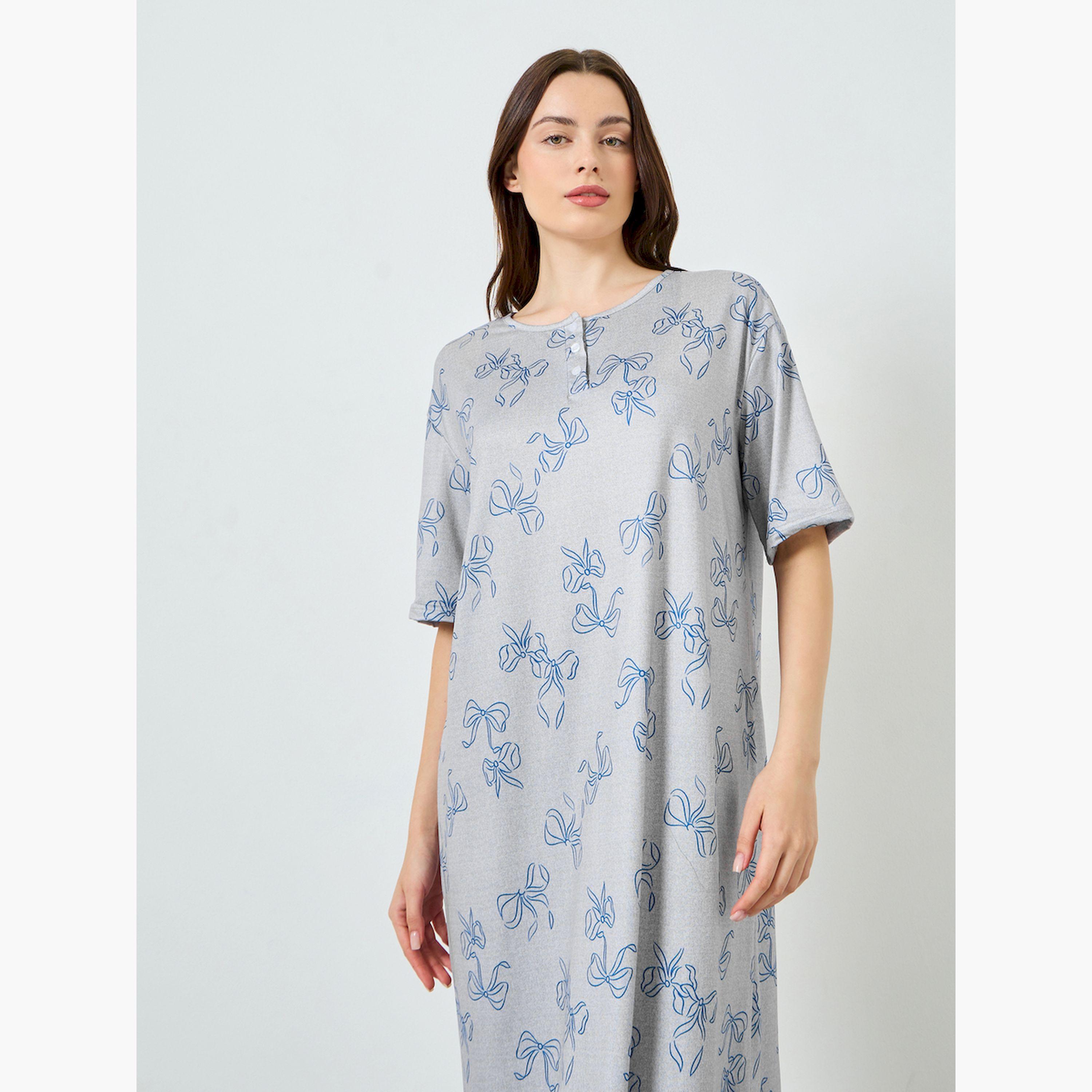 Styli Grey Bow Print Short Sleeve Nightdress-women-clothing-nightwear-nighties-image-3