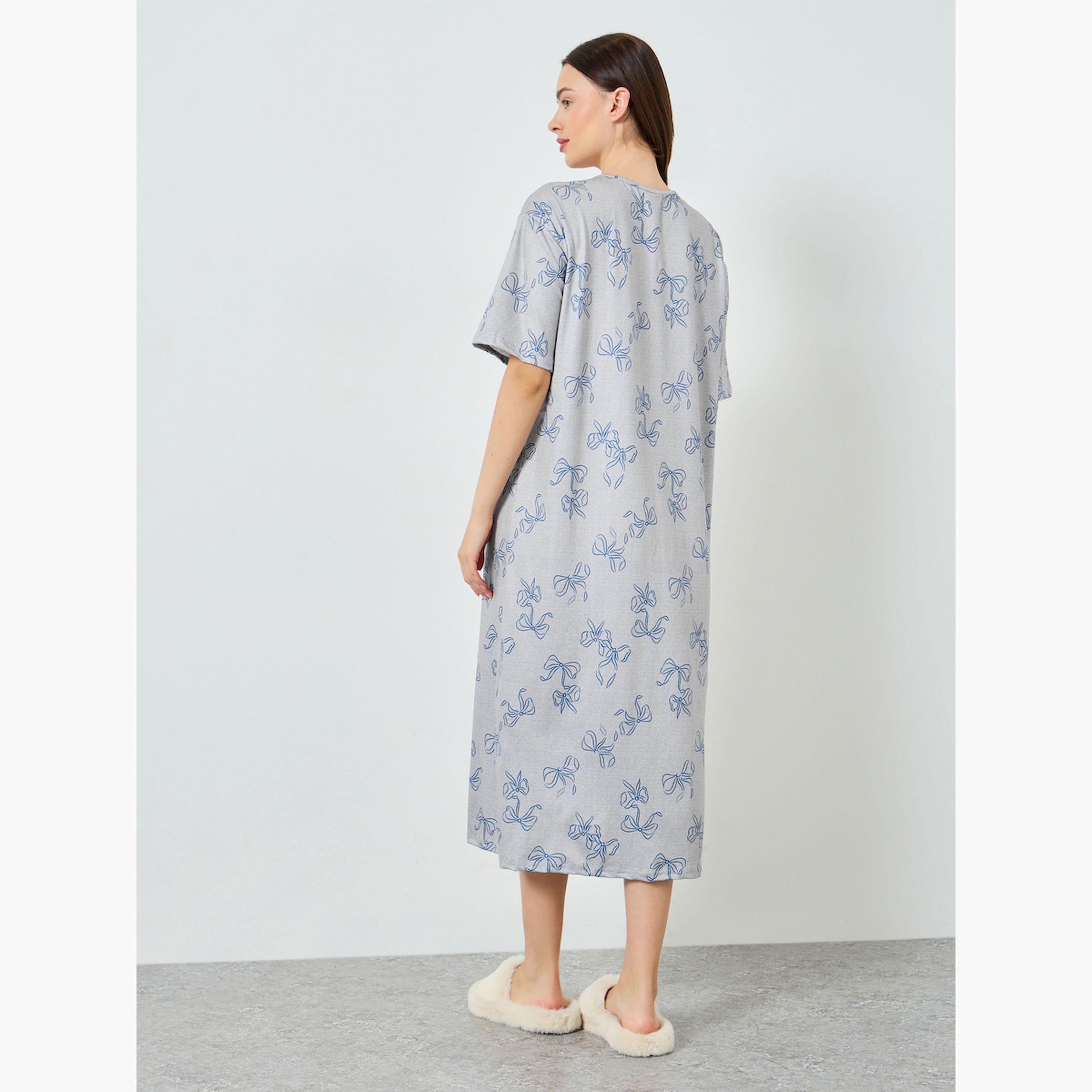 قميص نوم رمادي أكمام قصيرة بطبعة فيونكة-women-clothing-nightwear-nighties-image-4