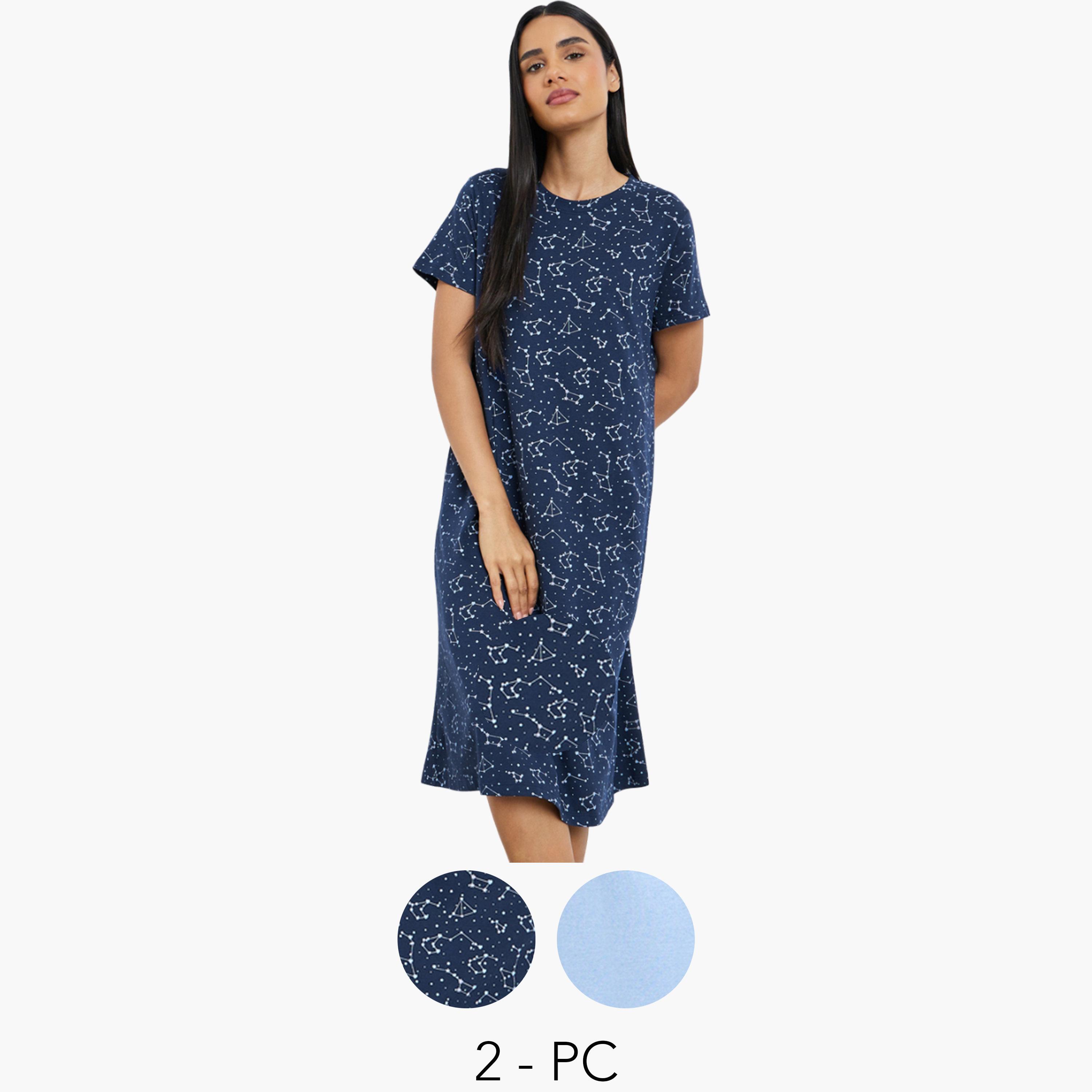 حزمة من 2 تيشيرت نوم مطبع بنمط كوكبة وشعار-women-clothing-nightwear-nighties-image-1