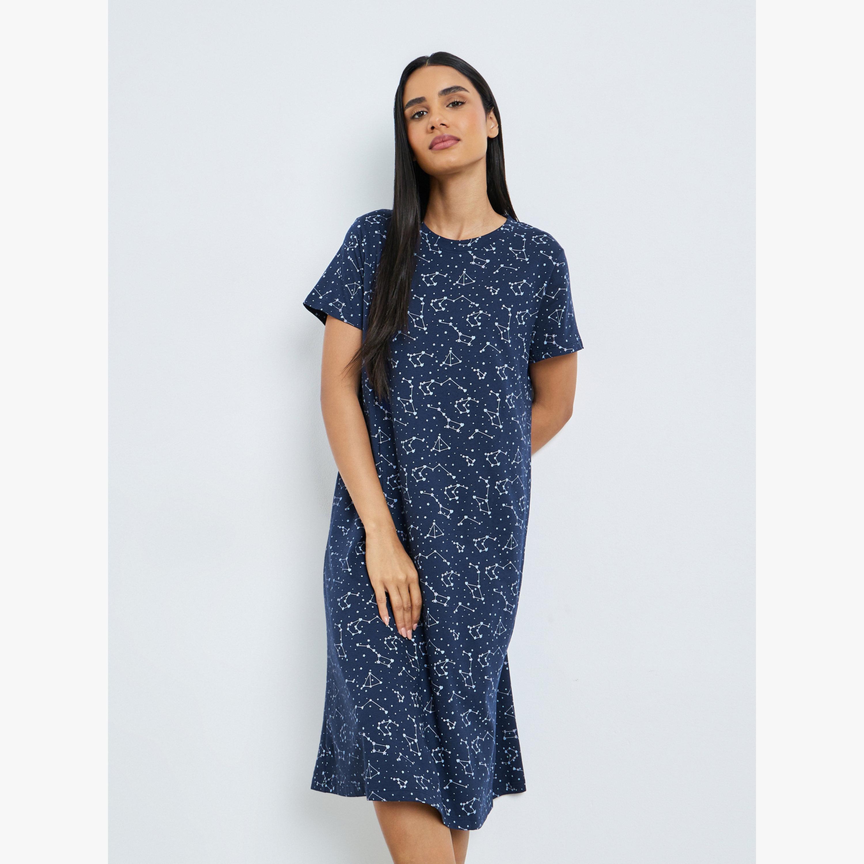 Styli Pack Of 2 - Slogan and All-Over Constellation Print Sleep T-Shirt-women-clothing-nightwear-nighties-image-2