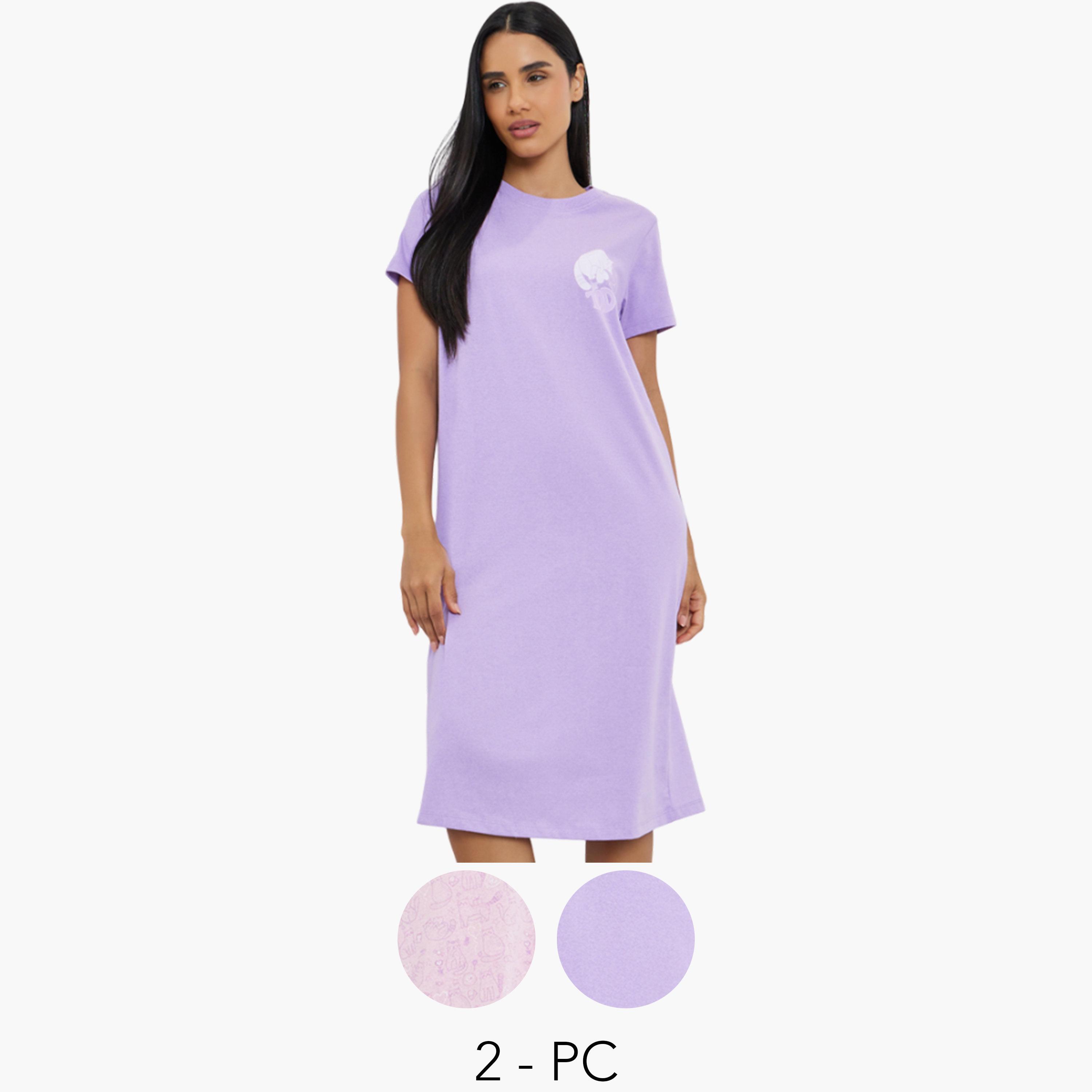 حزمة من 2 تيشيرت نوم مطبع بنمط قطة وشعار نوت توداي-women-clothing-nightwear-nighties-image-1