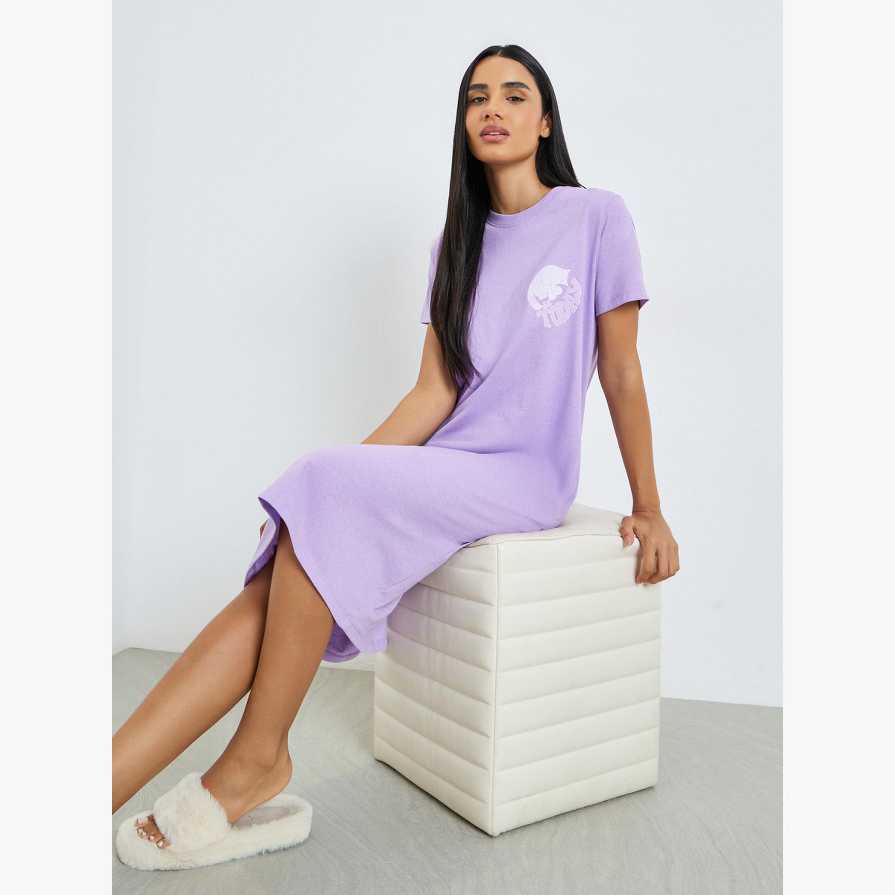 حزمة من 2 تيشيرت نوم مطبع بنمط قطة وشعار نوت توداي-women-clothing-nightwear-nighties-image-2