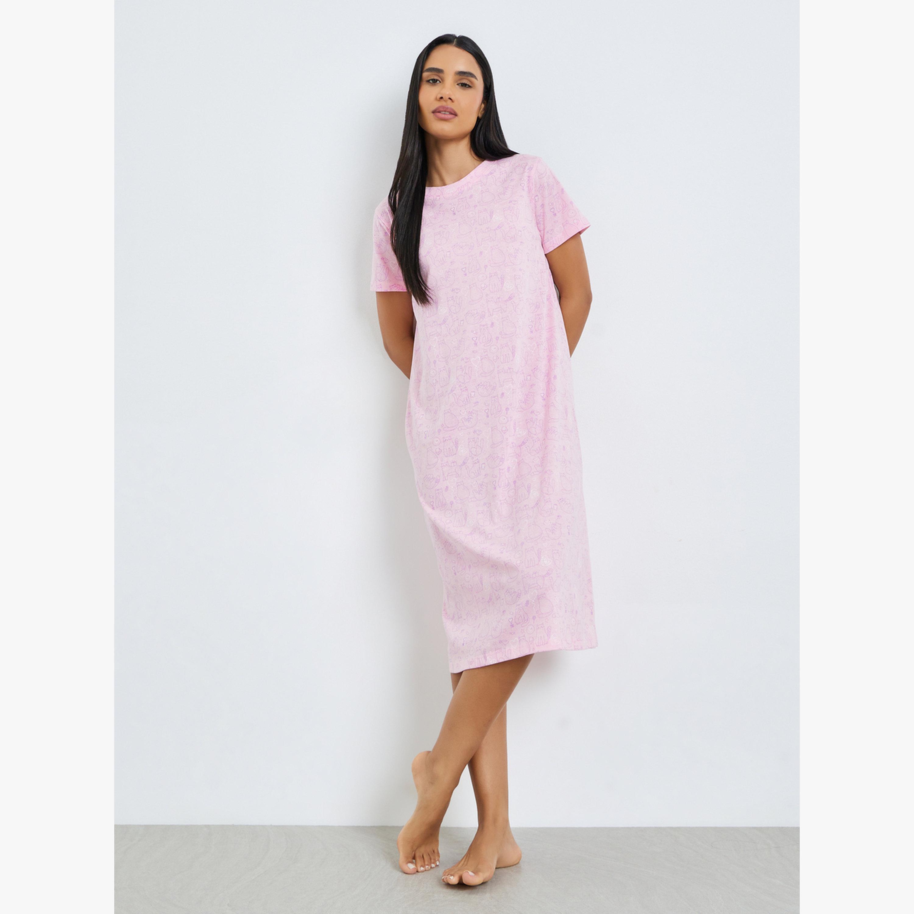 حزمة من 2 تيشيرت نوم مطبع بنمط قطة وشعار نوت توداي-women-clothing-nightwear-nighties-image-4