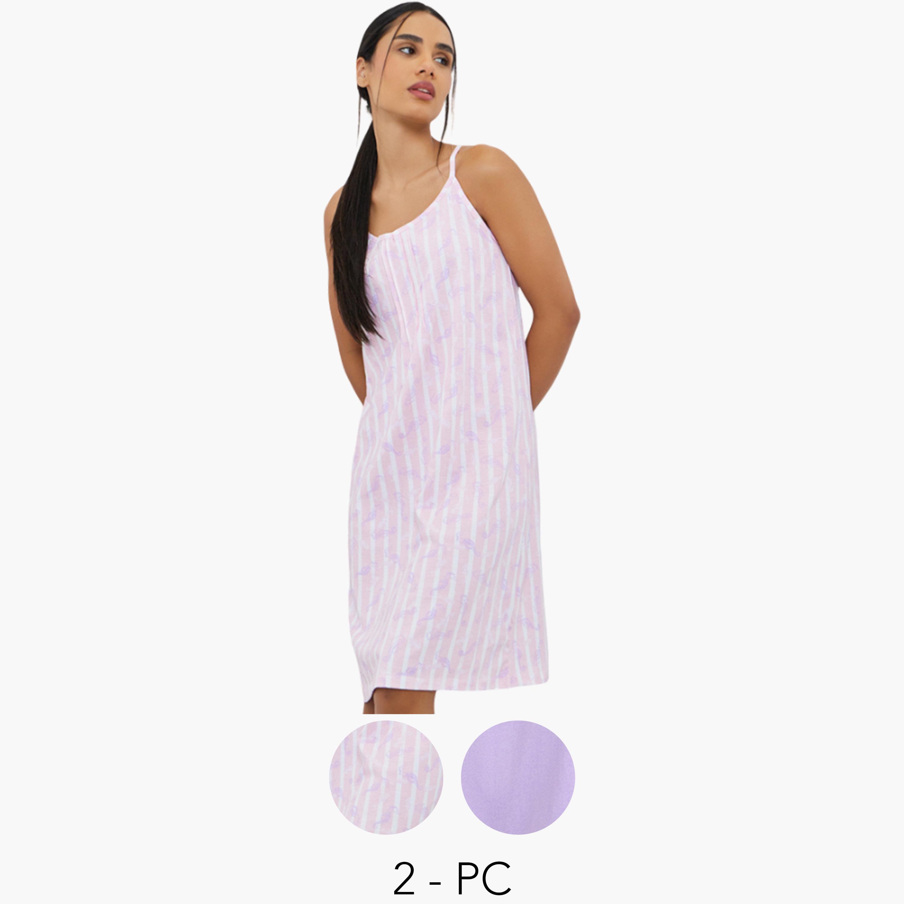 Styli Pack Of 2 - Seashorse Striped and Solid Pintuck Detail Slip Dress-women-clothing-nightwear-nighties-image-1