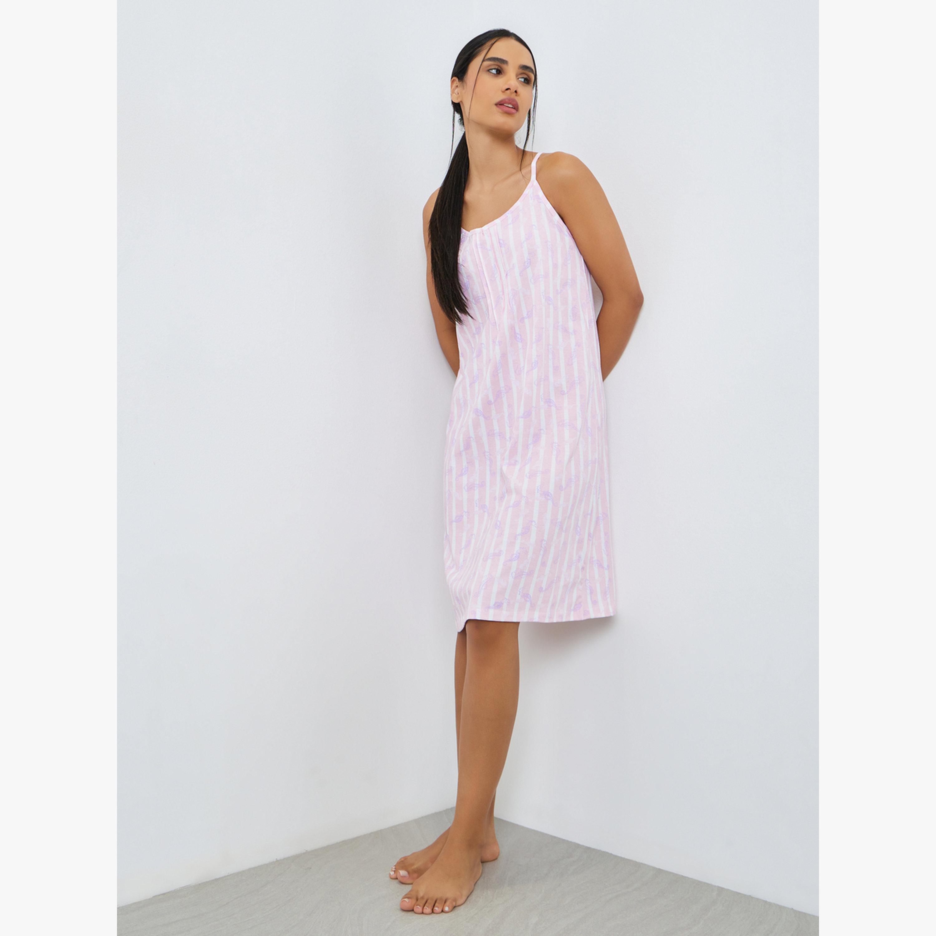 Styli Pack Of 2 - Seashorse Striped and Solid Pintuck Detail Slip Dress-women-clothing-nightwear-nighties-image-2