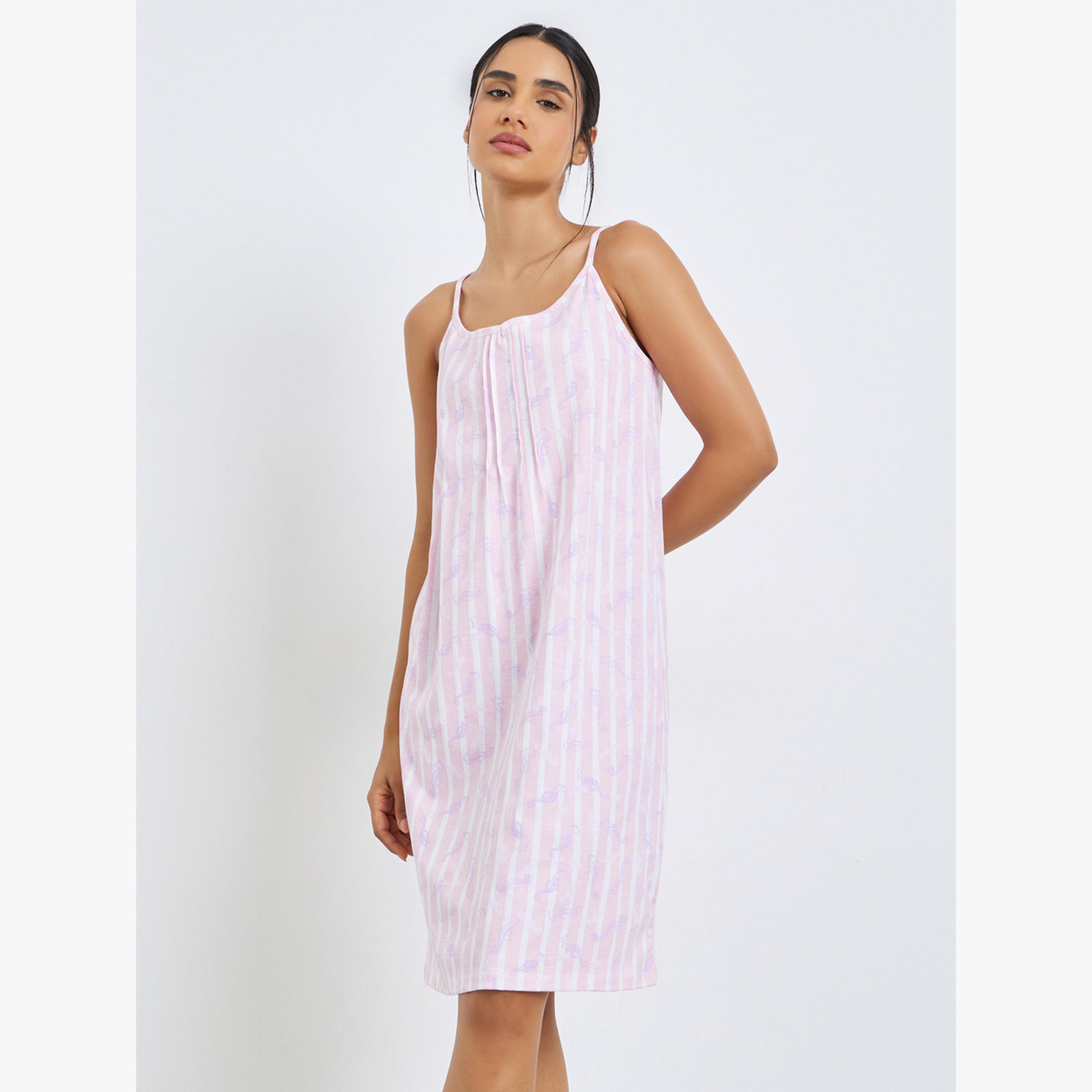 حزمة من 2 فستان قميص قصير بتفاصيل ثنيات ومخطط وسادة-women-clothing-nightwear-nighties-image-3
