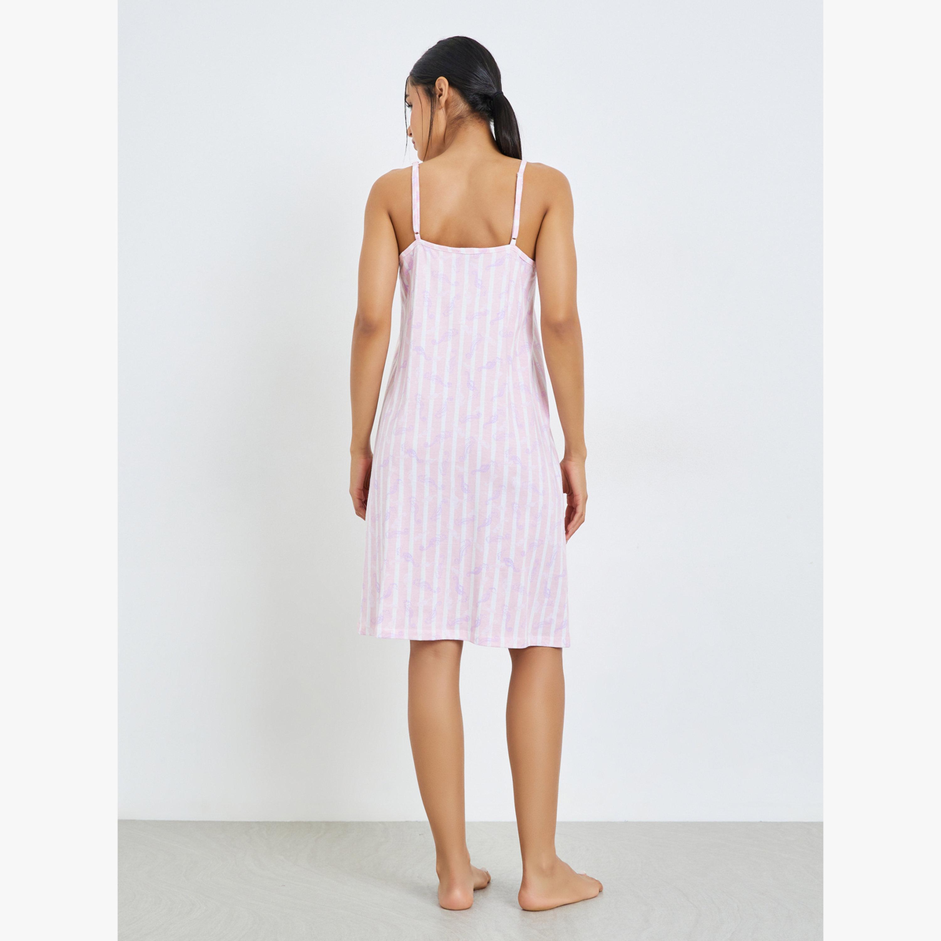 Styli Pack Of 2 - Seashorse Striped and Solid Pintuck Detail Slip Dress-women-clothing-nightwear-nighties-image-5