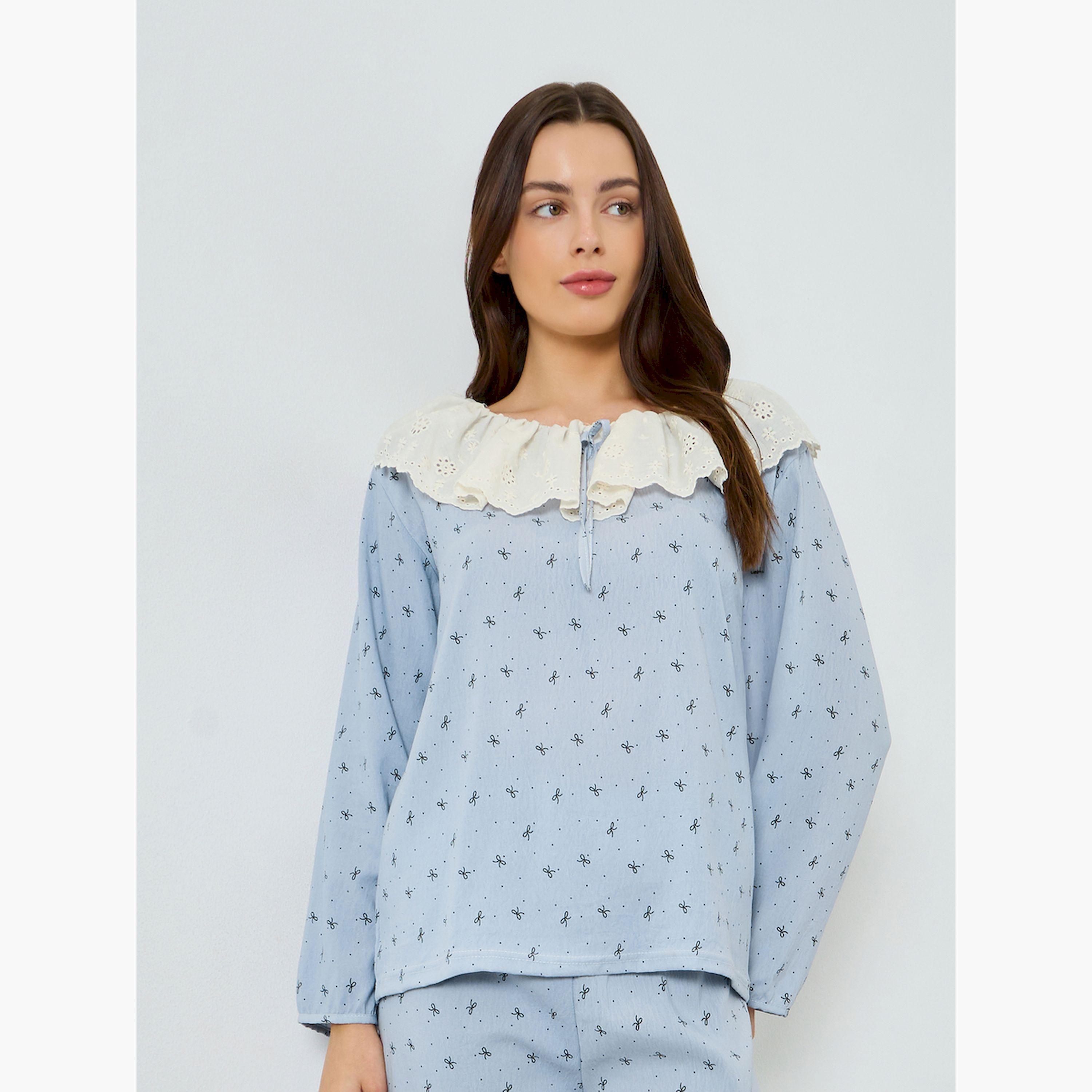 مجموعة من بيجاما وبلوزة بطبعة زهور وياقة دانتيل-women-clothing-nightwear-pyjamas-longsets-image-2