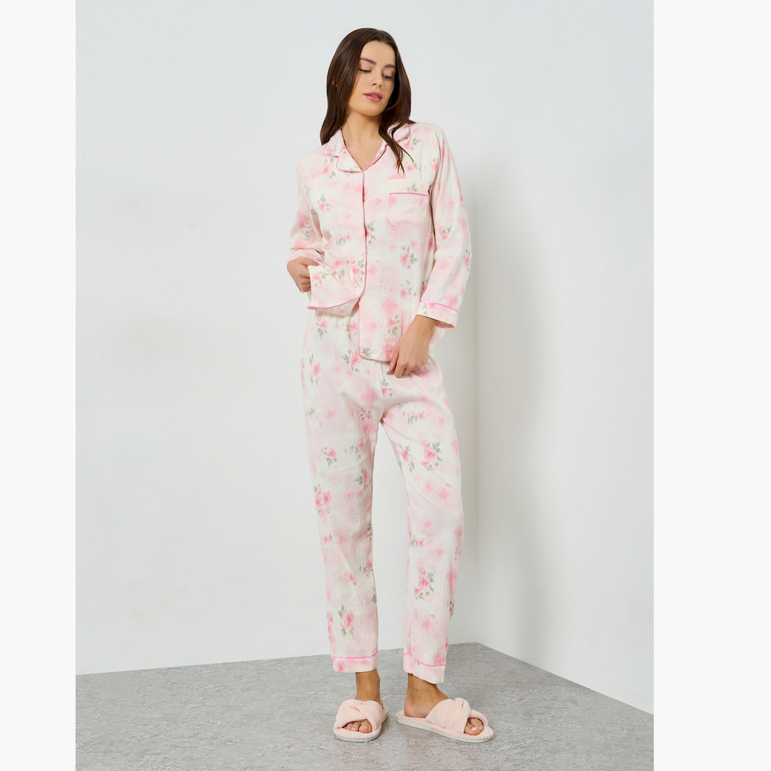 Styli Floral Print Long Sleeve Shirt and Pyjama Set-women-clothing-nightwear-pyjamas-longsets-image-1