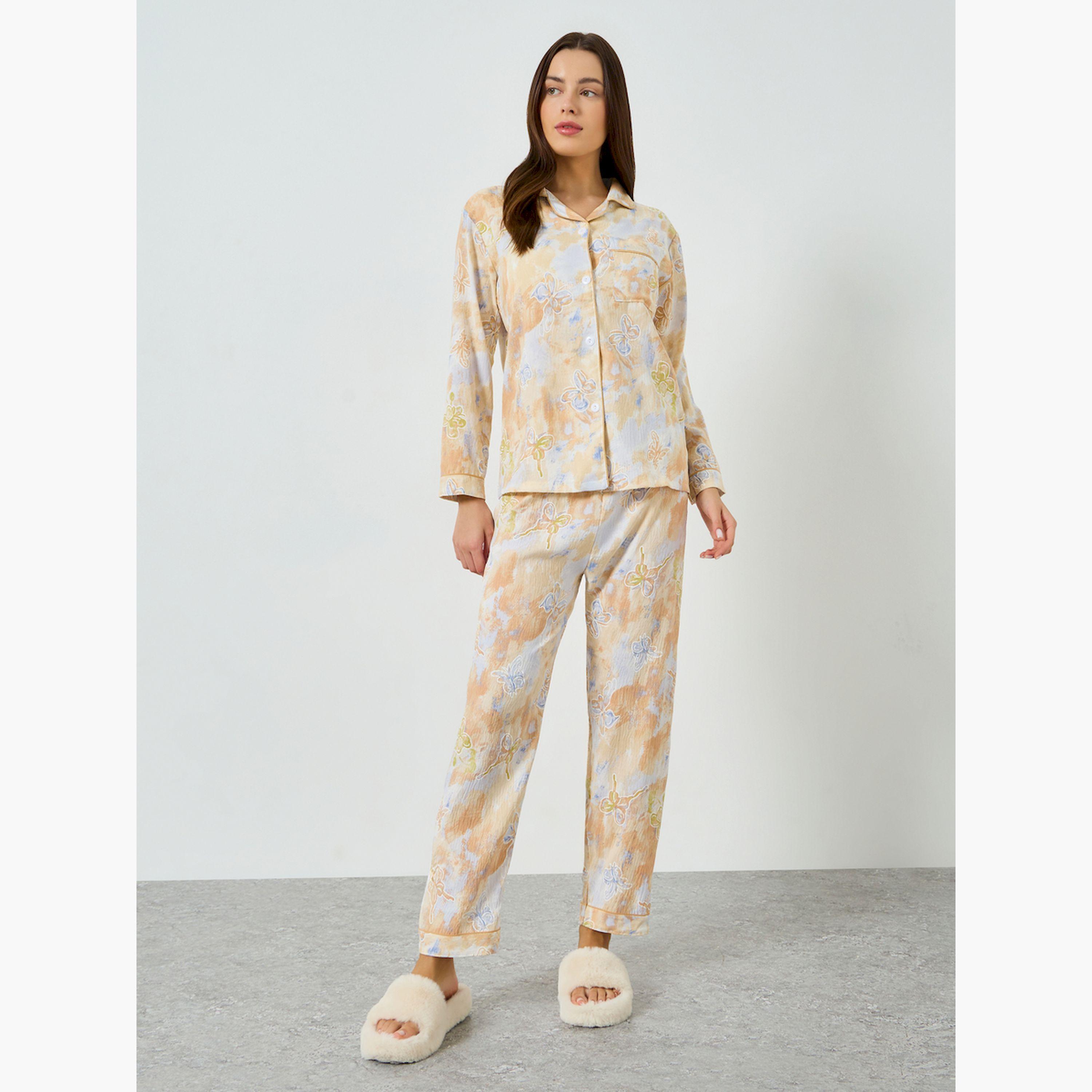 Styli Butterfly Print Long Sleeve Shirt and Pyjama Set-women-clothing-nightwear-pyjamas-longsets-image-1