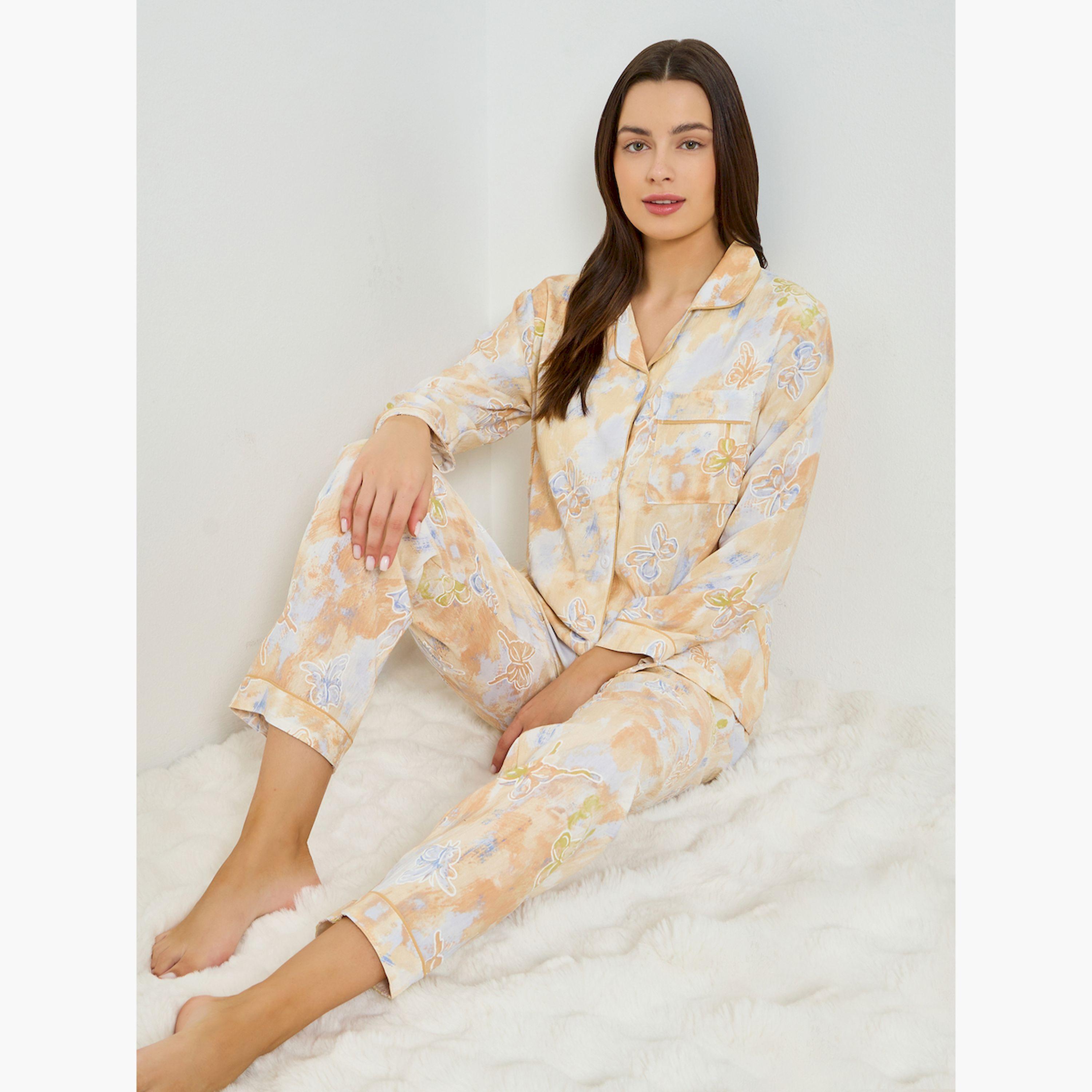 مجموعة من بيجاما وقميص بطبعة فراشات وأكمام طويلة-women-clothing-nightwear-pyjamas-longsets-image-2