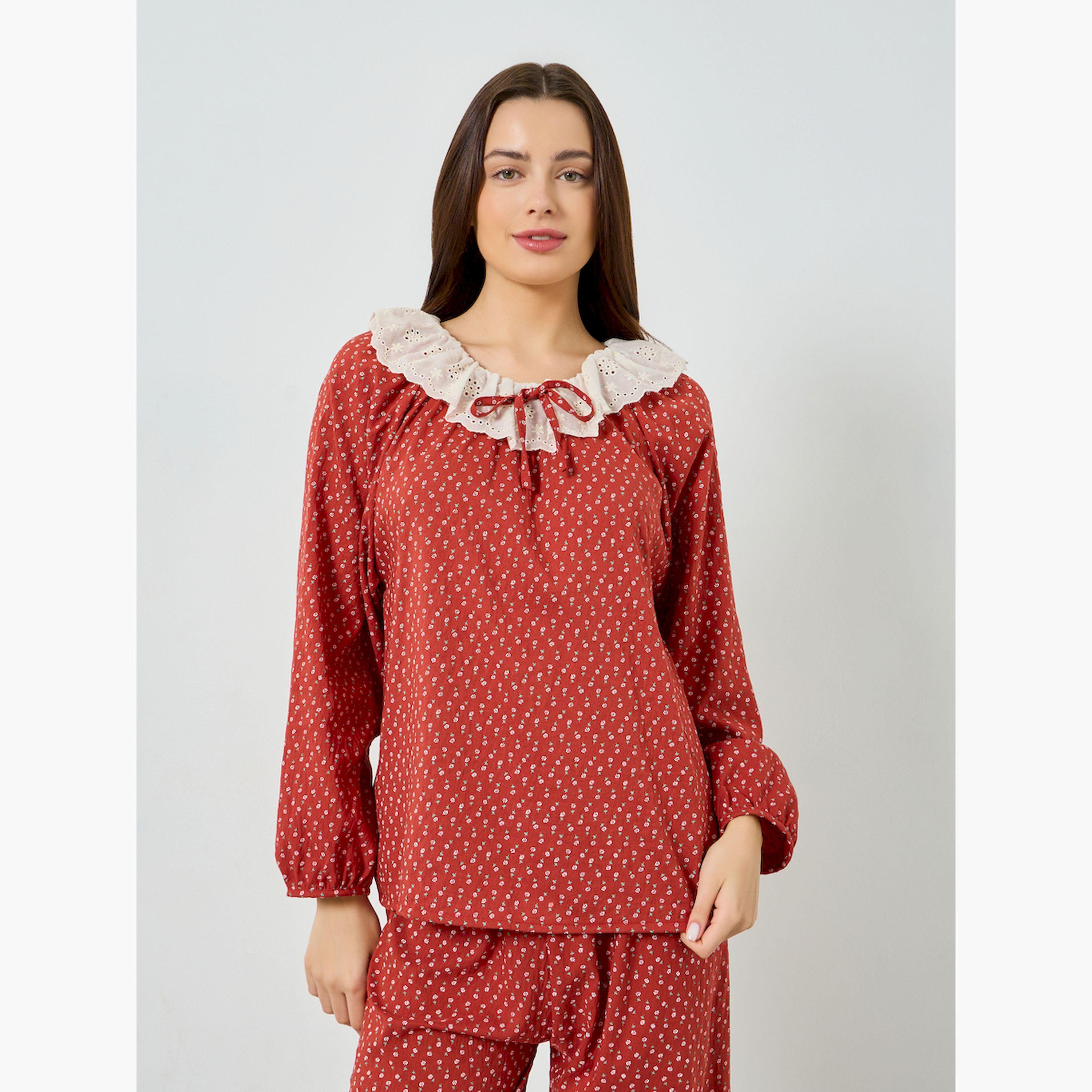 مجموعة من بيجاما وبلوزة بطبعة زهور وياقة دانتيل-women-clothing-nightwear-pyjamas-longsets-image-2