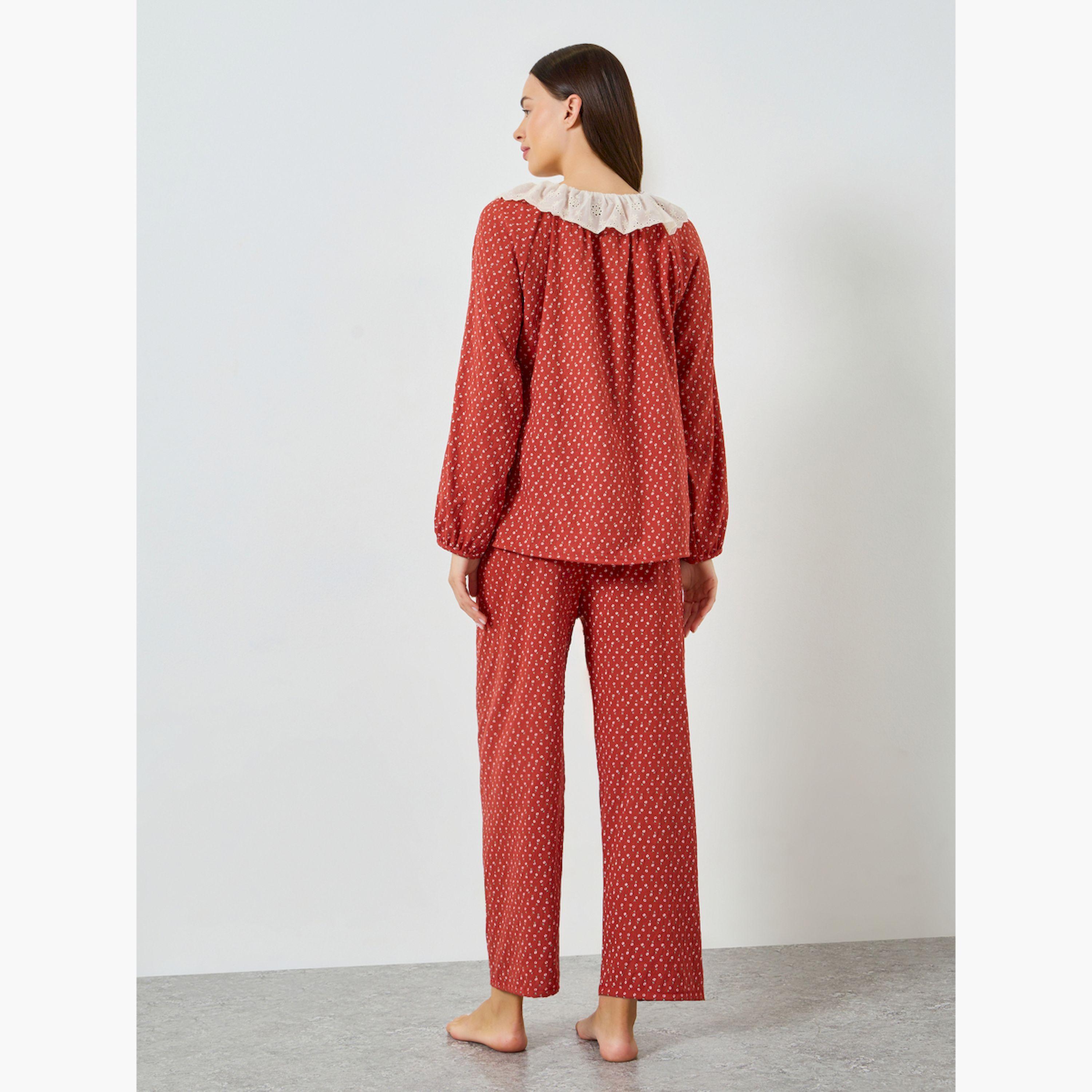 مجموعة من بيجاما وبلوزة بطبعة زهور وياقة دانتيل-women-clothing-nightwear-pyjamas-longsets-image-3