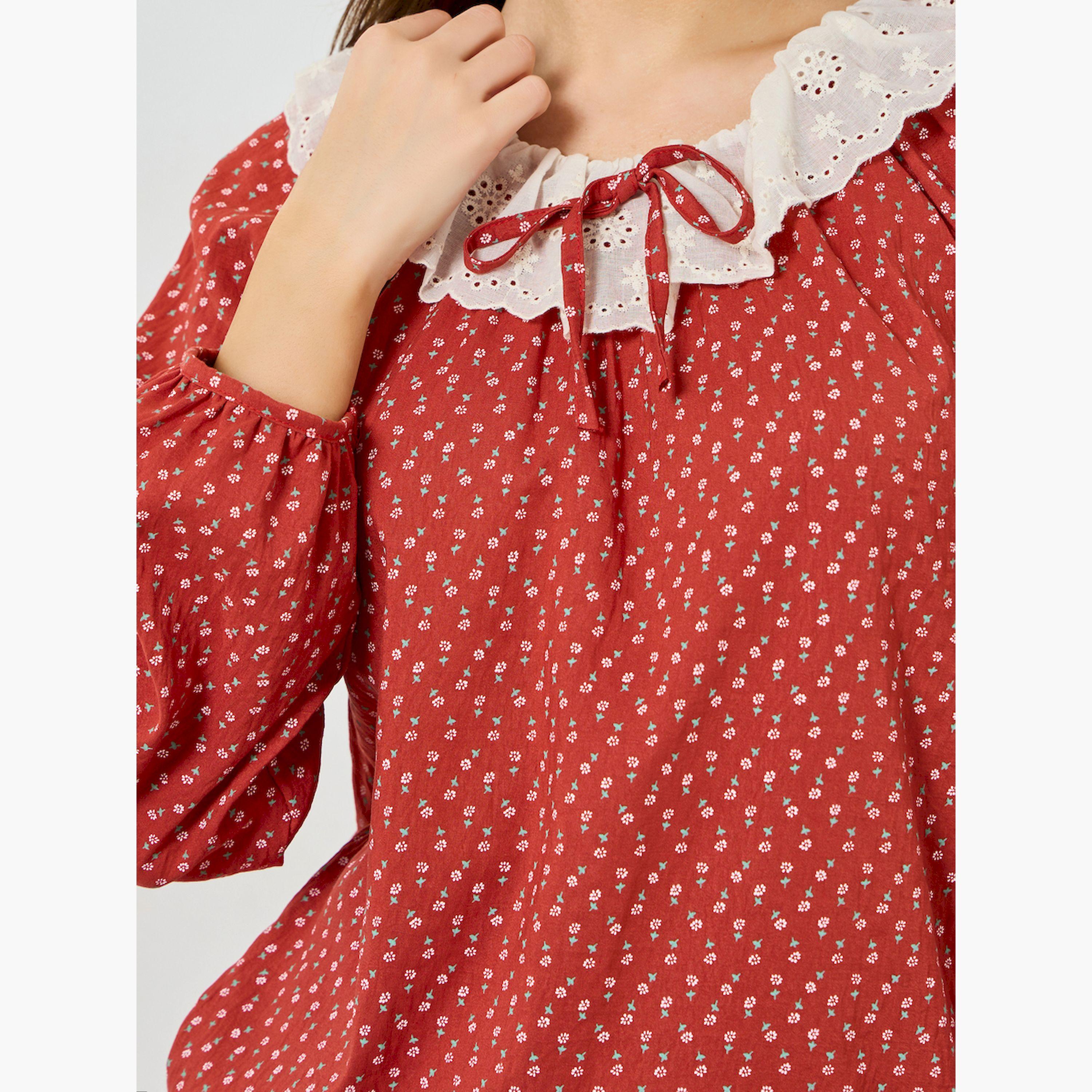 مجموعة من بيجاما وبلوزة بطبعة زهور وياقة دانتيل-women-clothing-nightwear-pyjamas-longsets-image-5