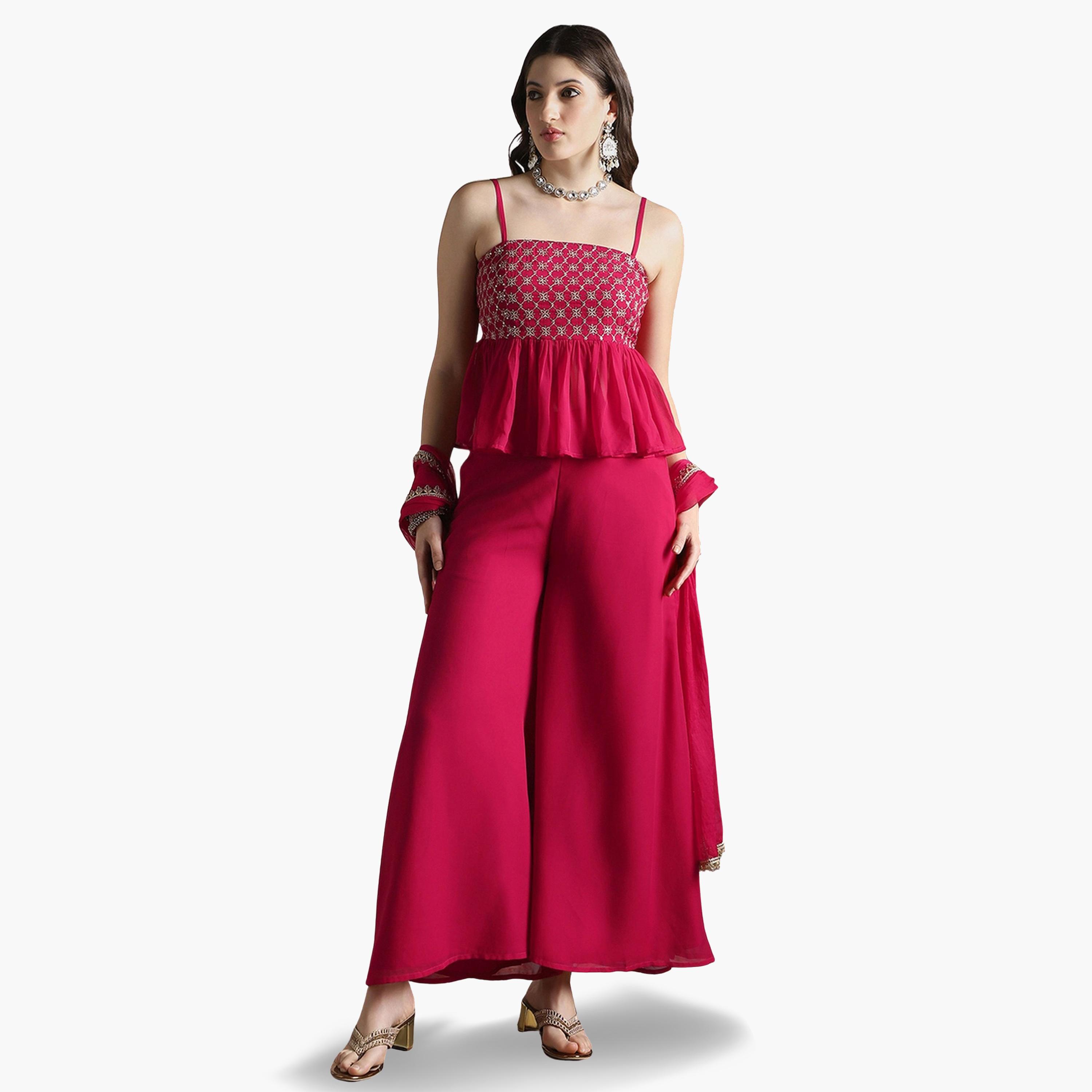 طقم منسق من بلوزة بيبلوم مطرز وبنطال بالازو ودوباتا للنساء-women-clothing-ethnicwear-kurtasets-image-1