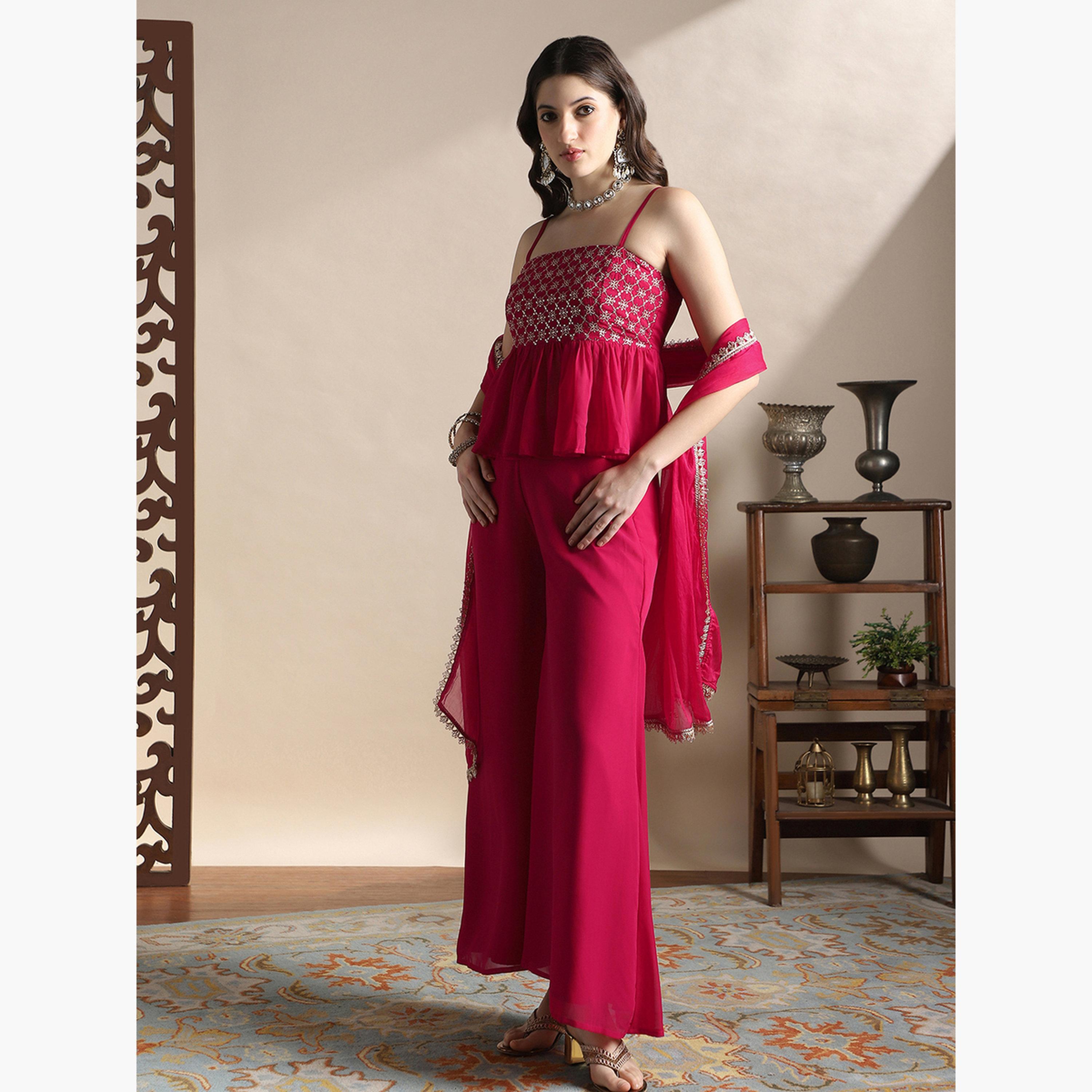 طقم منسق من بلوزة بيبلوم مطرز وبنطال بالازو ودوباتا للنساء-women-clothing-ethnicwear-kurtasets-image-2