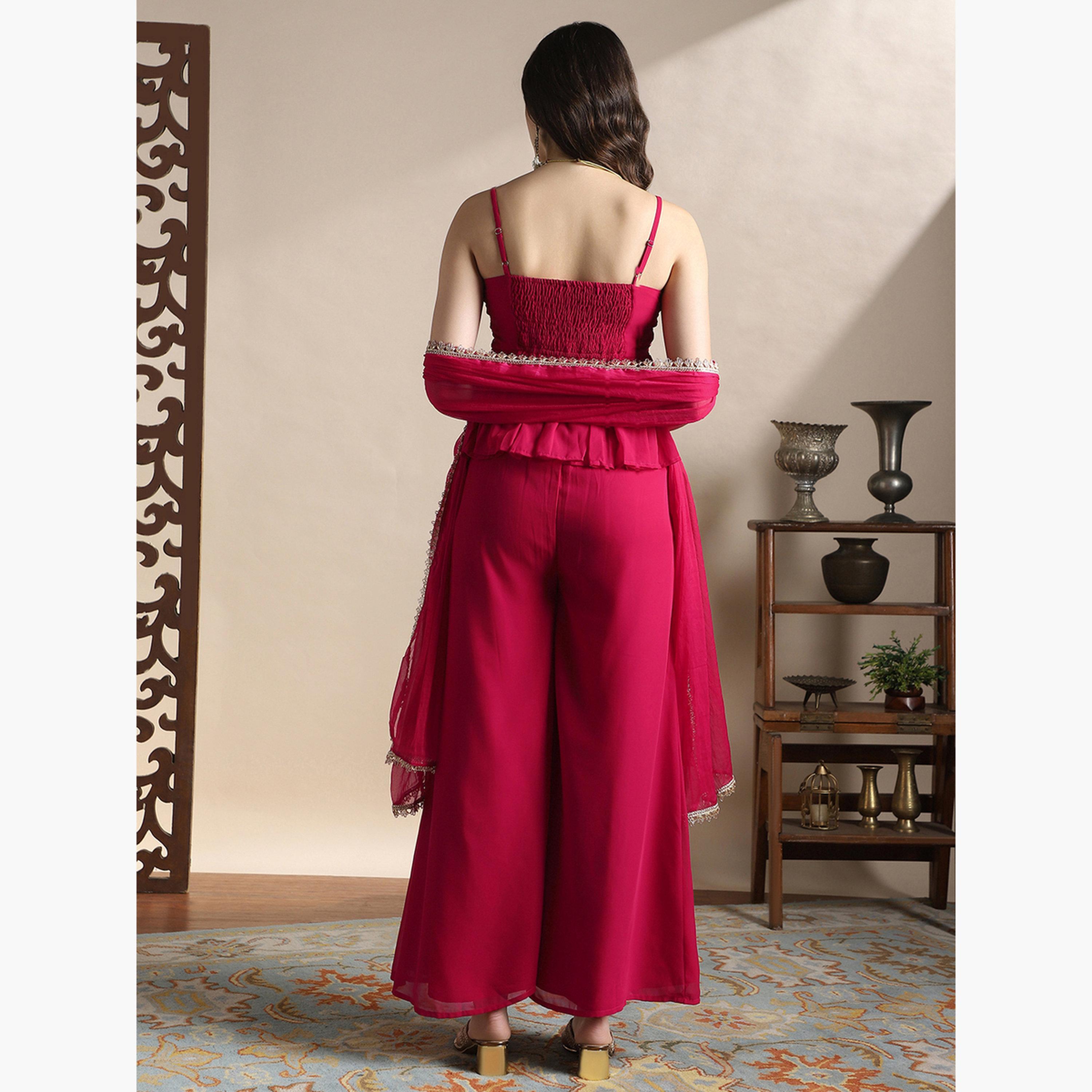طقم منسق من بلوزة بيبلوم مطرز وبنطال بالازو ودوباتا للنساء-women-clothing-ethnicwear-kurtasets-image-3