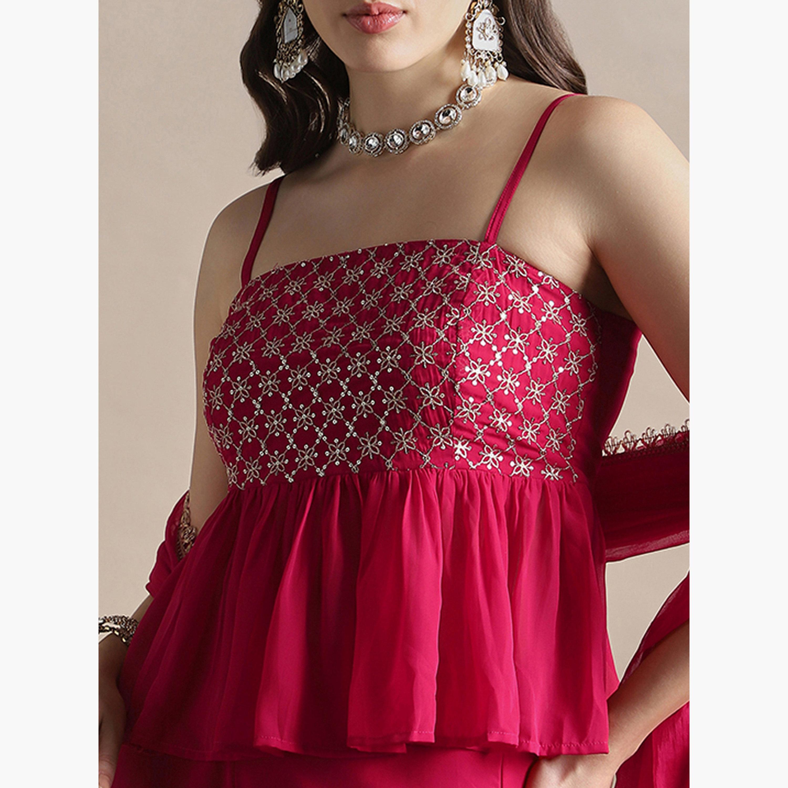 طقم منسق من بلوزة بيبلوم مطرز وبنطال بالازو ودوباتا للنساء-women-clothing-ethnicwear-kurtasets-image-4