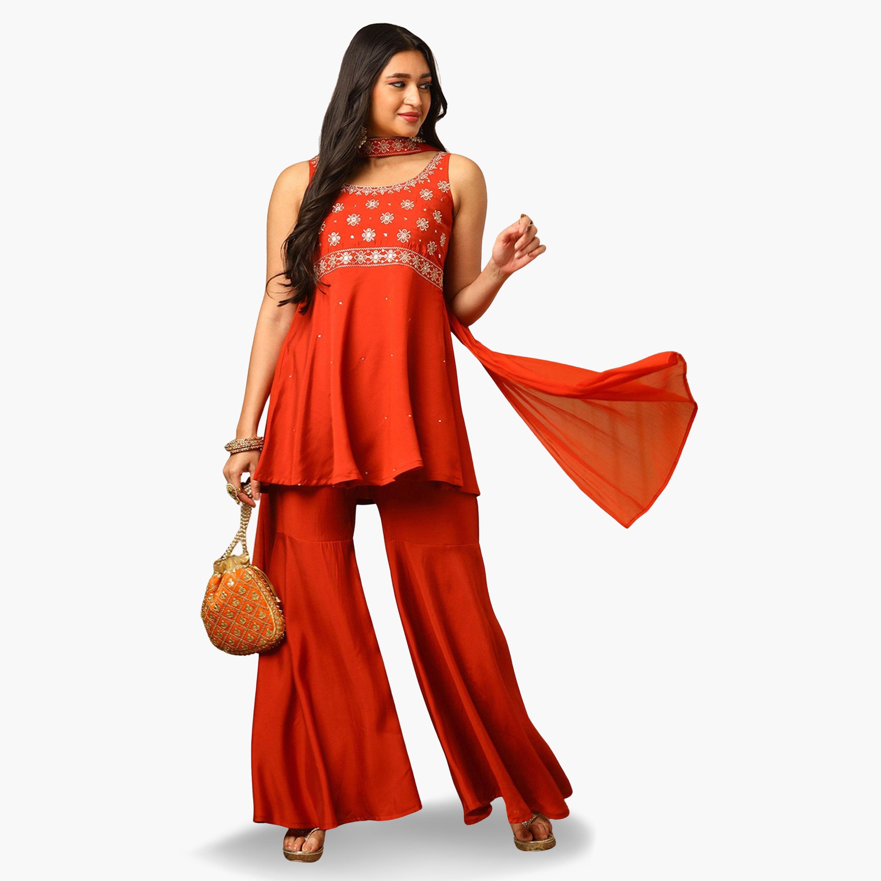 طقم منسق من تونيك وبنطال غارارا وتفاصيل ترتر ودوباتا للنساء-women-clothing-ethnicwear-kurtasets-image-1