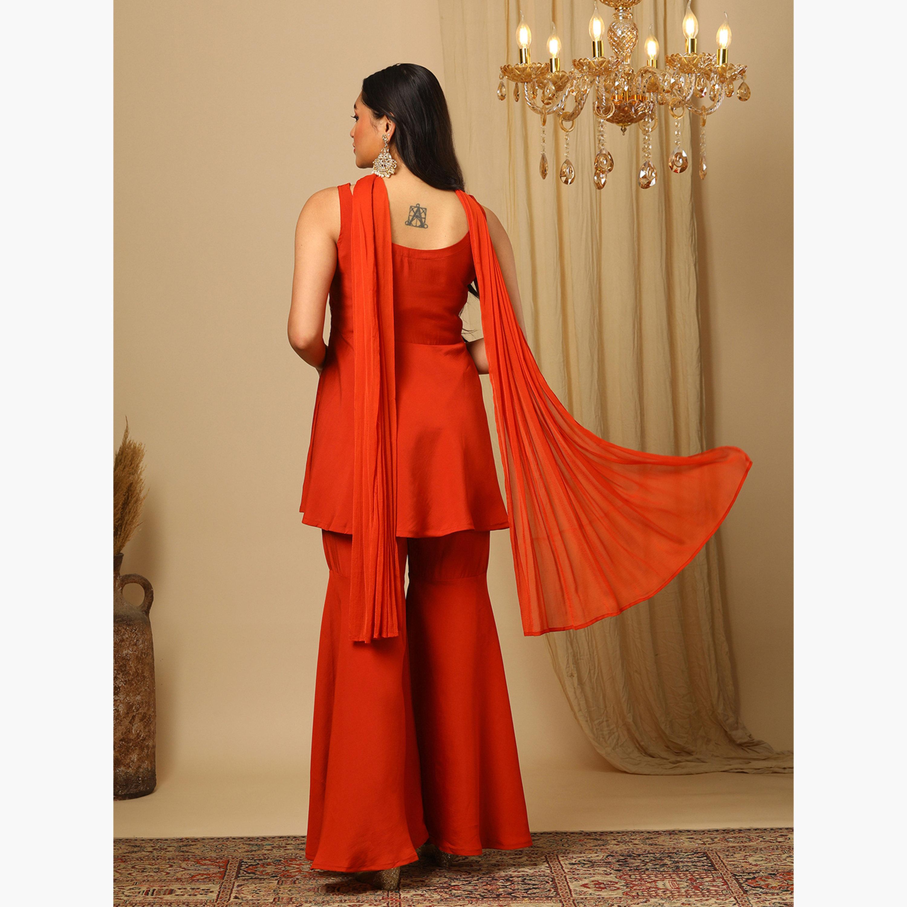 طقم منسق من تونيك وبنطال غارارا وتفاصيل ترتر ودوباتا للنساء-women-clothing-ethnicwear-kurtasets-image-3