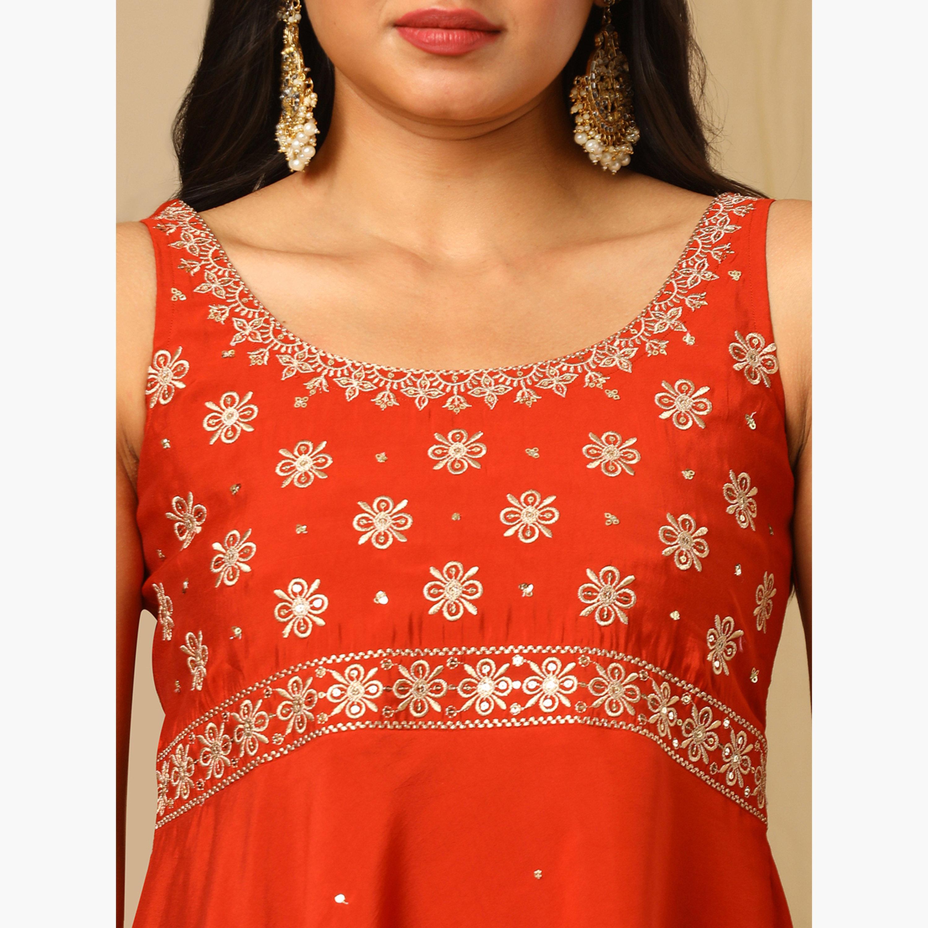 طقم منسق من تونيك وبنطال غارارا وتفاصيل ترتر ودوباتا للنساء-women-clothing-ethnicwear-kurtasets-image-4