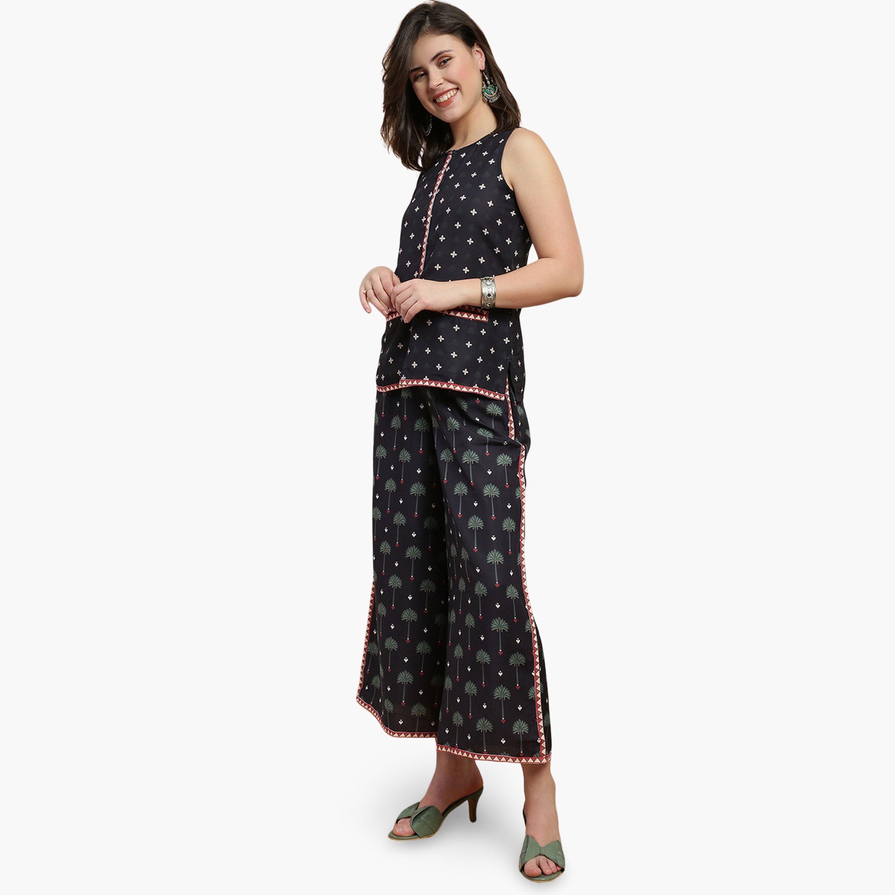 طقم تونيك بياقة مستديرة مع بنطلون بالازو-women-clothing-coordsets-image-1