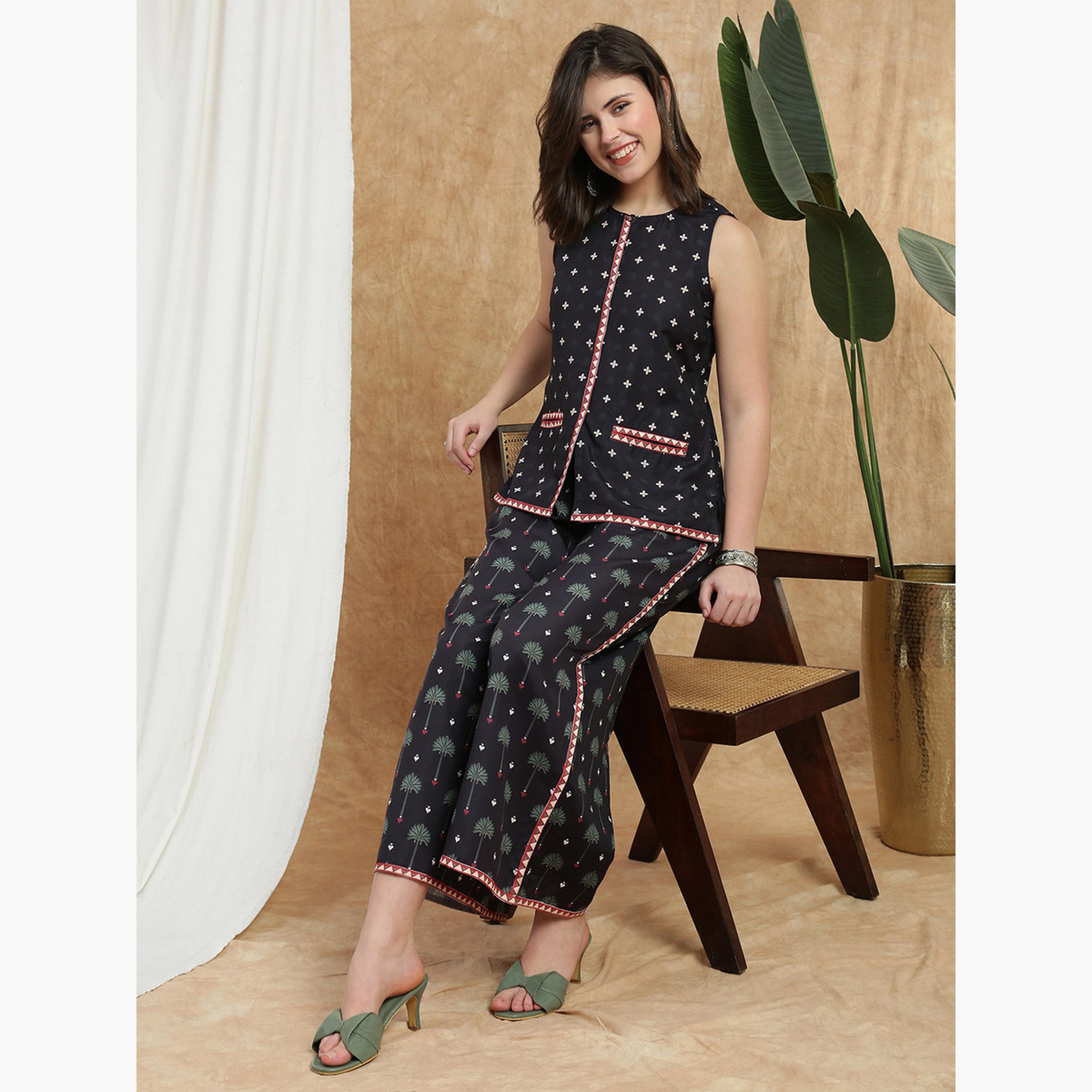 طقم تونيك بياقة مستديرة مع بنطلون بالازو-women-clothing-coordsets-image-3