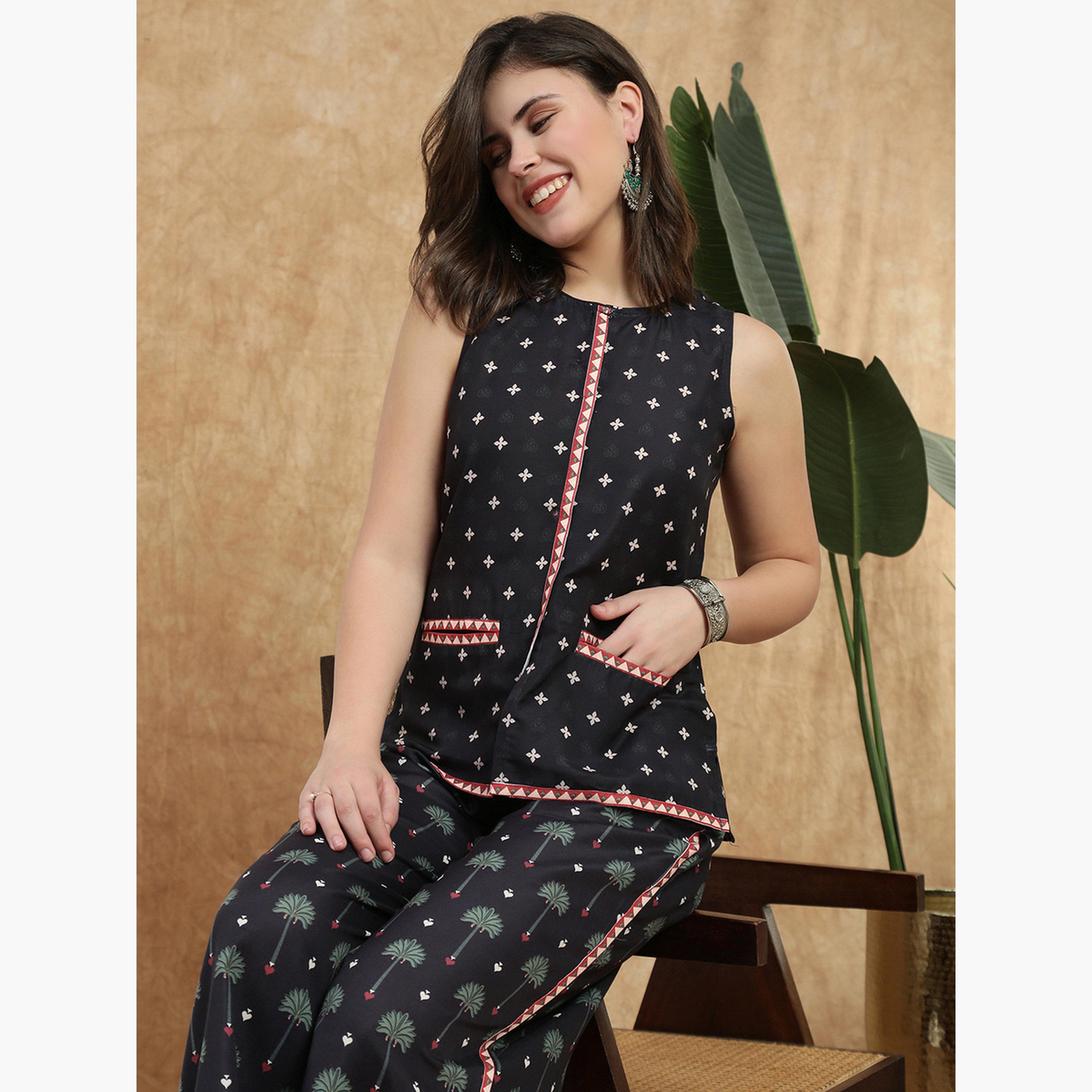 طقم تونيك بياقة مستديرة مع بنطلون بالازو-women-clothing-coordsets-image-6