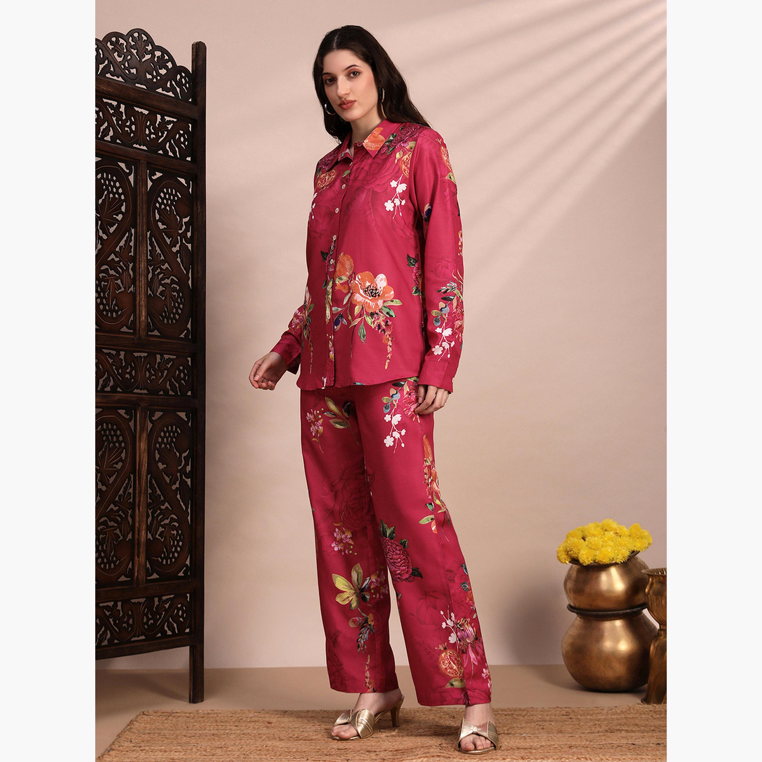 Globus X Styli Women Pink Floral Collared Shirt and Trousers Co-Ords-women-clothing-coordsets-image-2