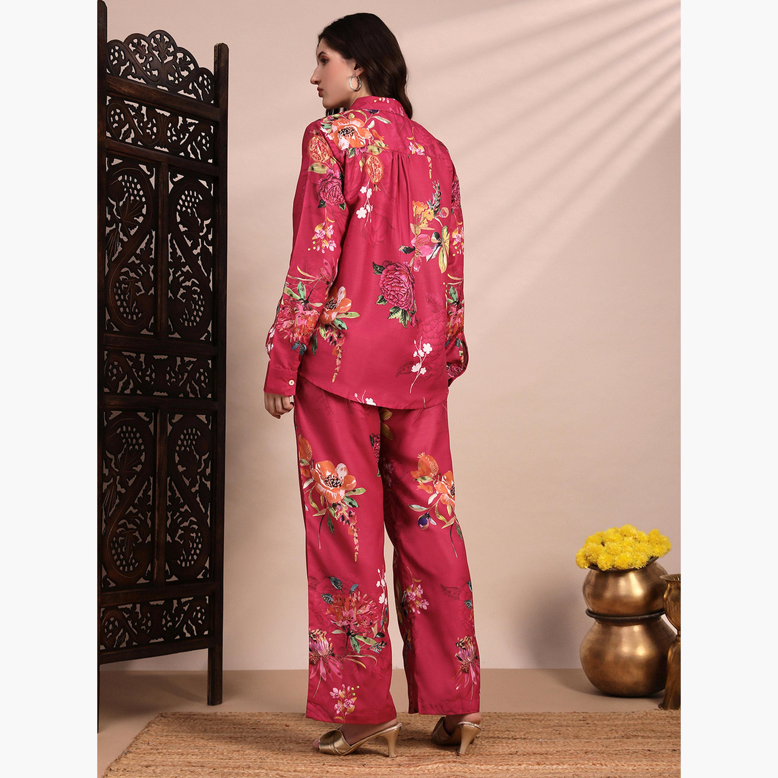 Globus X Styli Women Pink Floral Collared Shirt and Trousers Co-Ords-women-clothing-coordsets-image-3