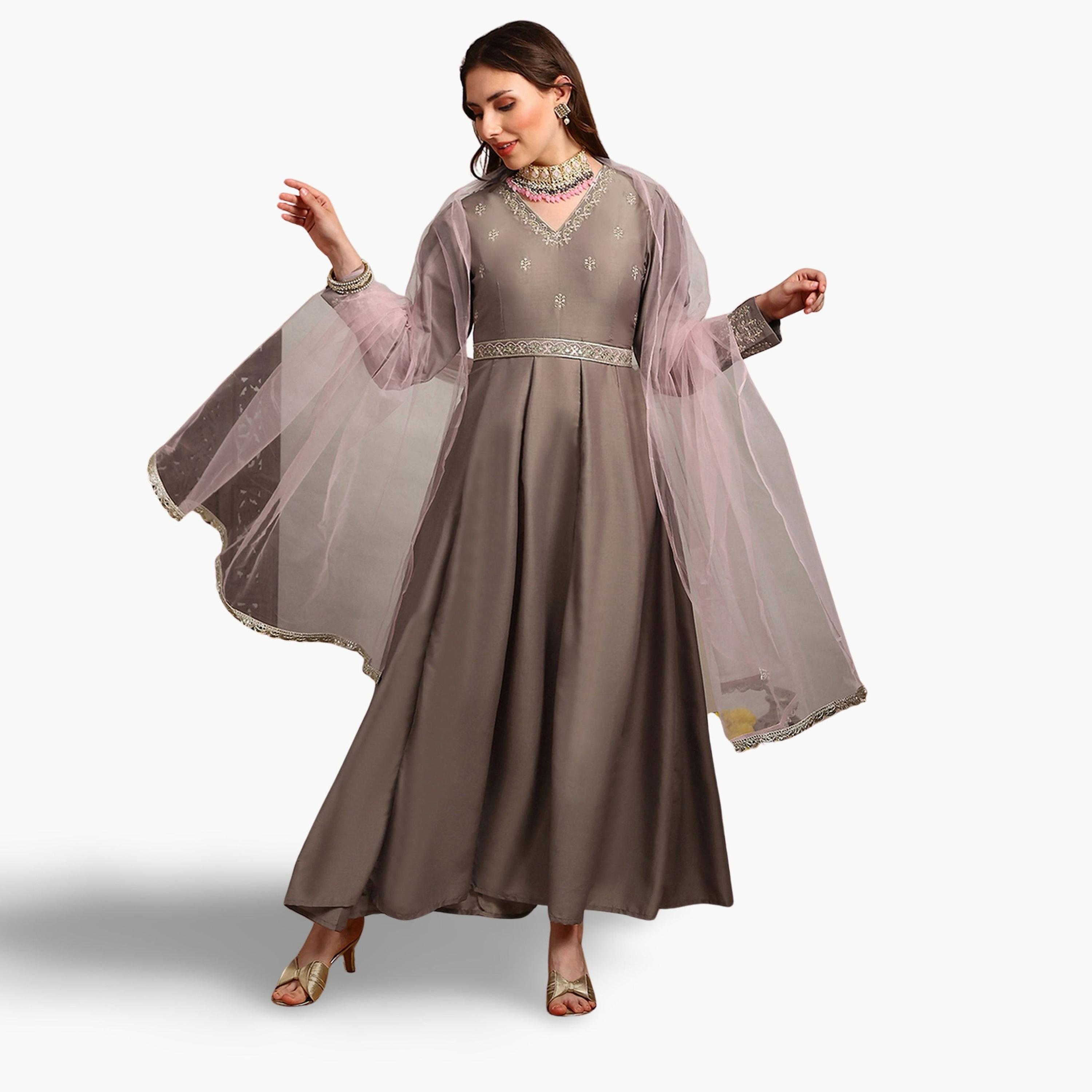 Globus X Styli Women Embroidered Panel Maxi Dress with Belt and Dupatta Set-women-clothing-ethnicwear-dresses-image-1