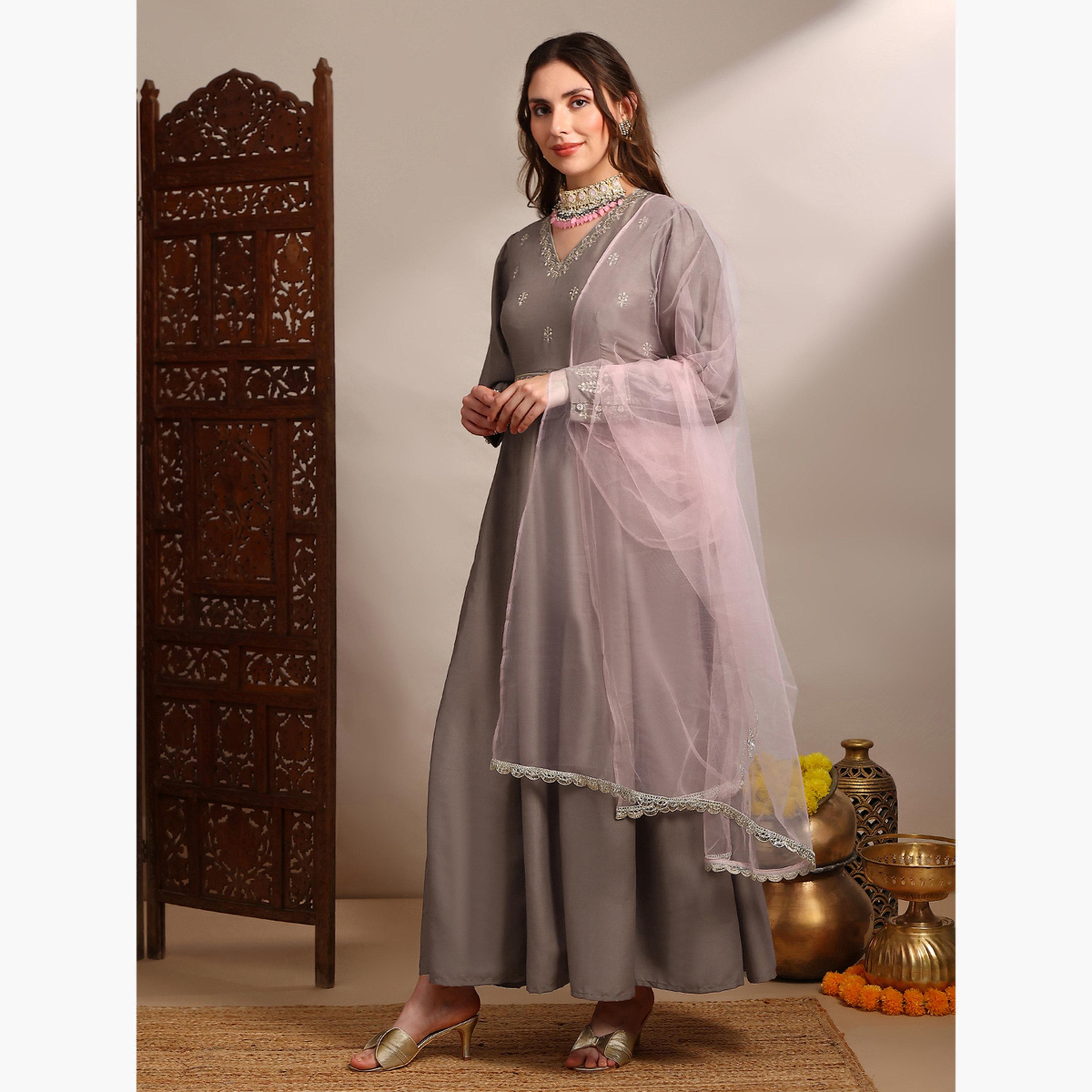Globus X Styli Women Embroidered Panel Maxi Dress with Belt and Dupatta Set-women-clothing-ethnicwear-dresses-image-2