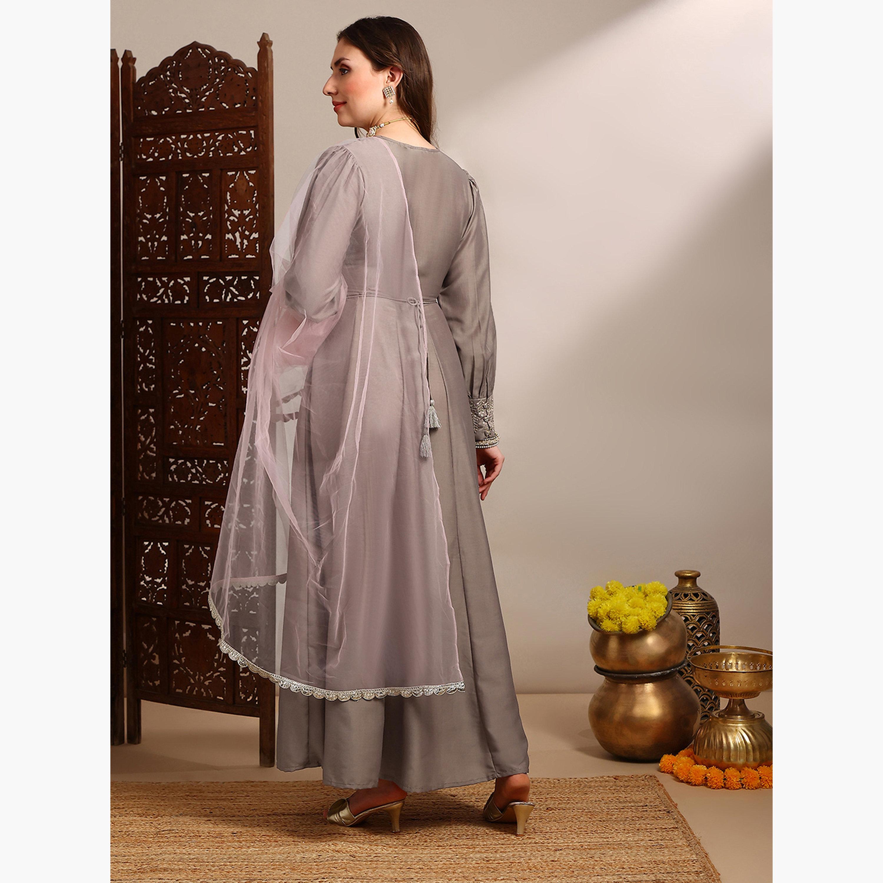 Globus X Styli Women Embroidered Panel Maxi Dress with Belt and Dupatta Set-women-clothing-ethnicwear-dresses-image-3