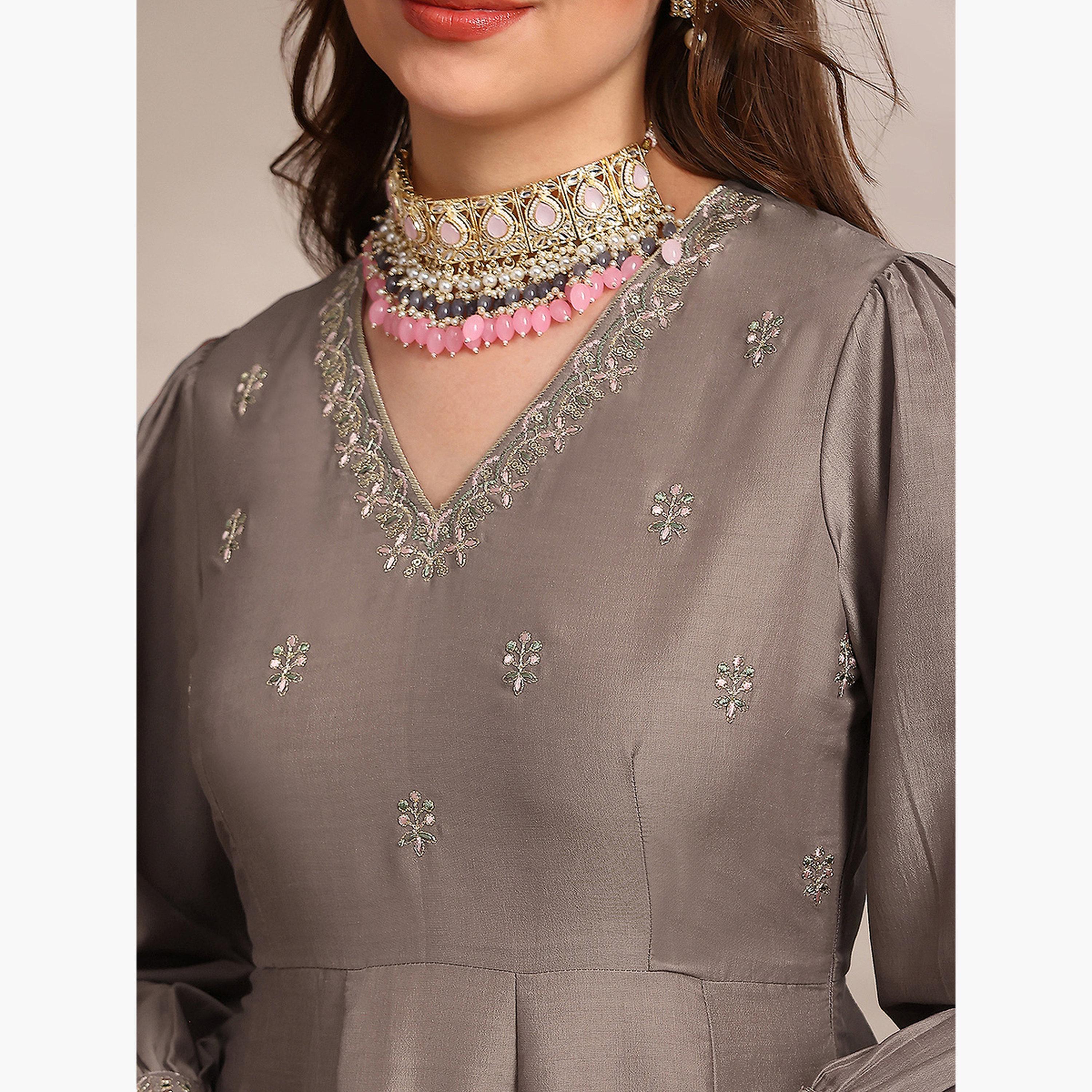 Globus X Styli Women Embroidered Panel Maxi Dress with Belt and Dupatta Set-women-clothing-ethnicwear-dresses-image-6