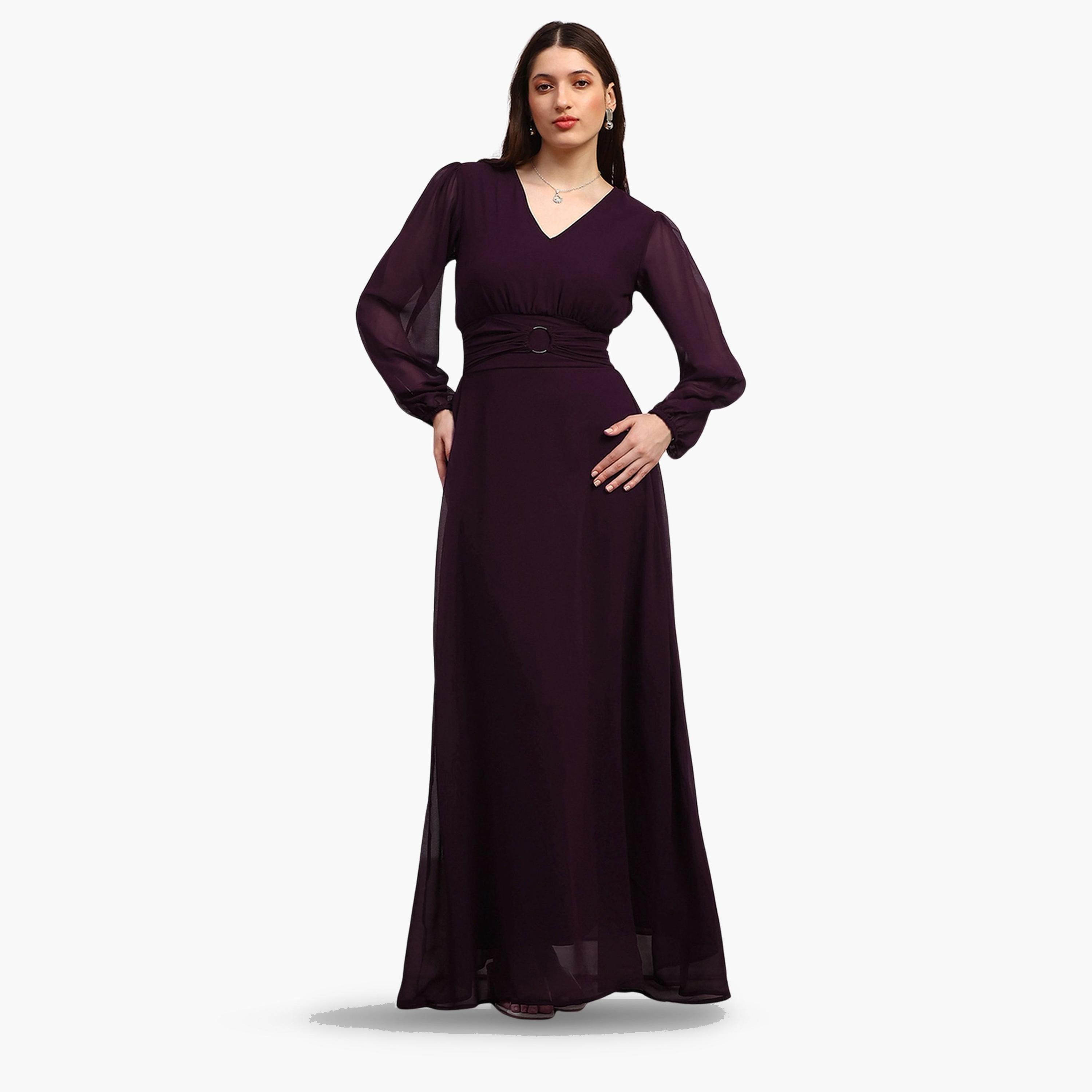 Globus X Styli Women Burgundy Bishop Sleeves Maxi Dress-women-clothing-dresses-image-1