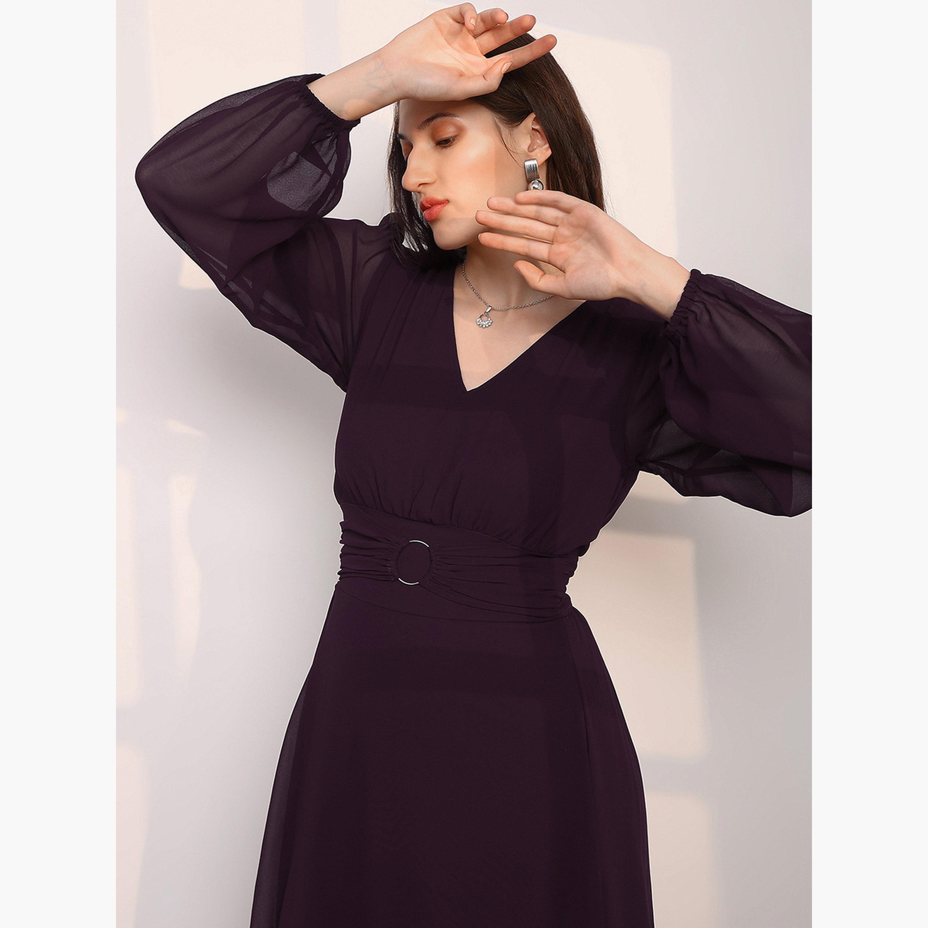 Globus X Styli Women Burgundy Bishop Sleeves Maxi Dress-women-clothing-dresses-image-4