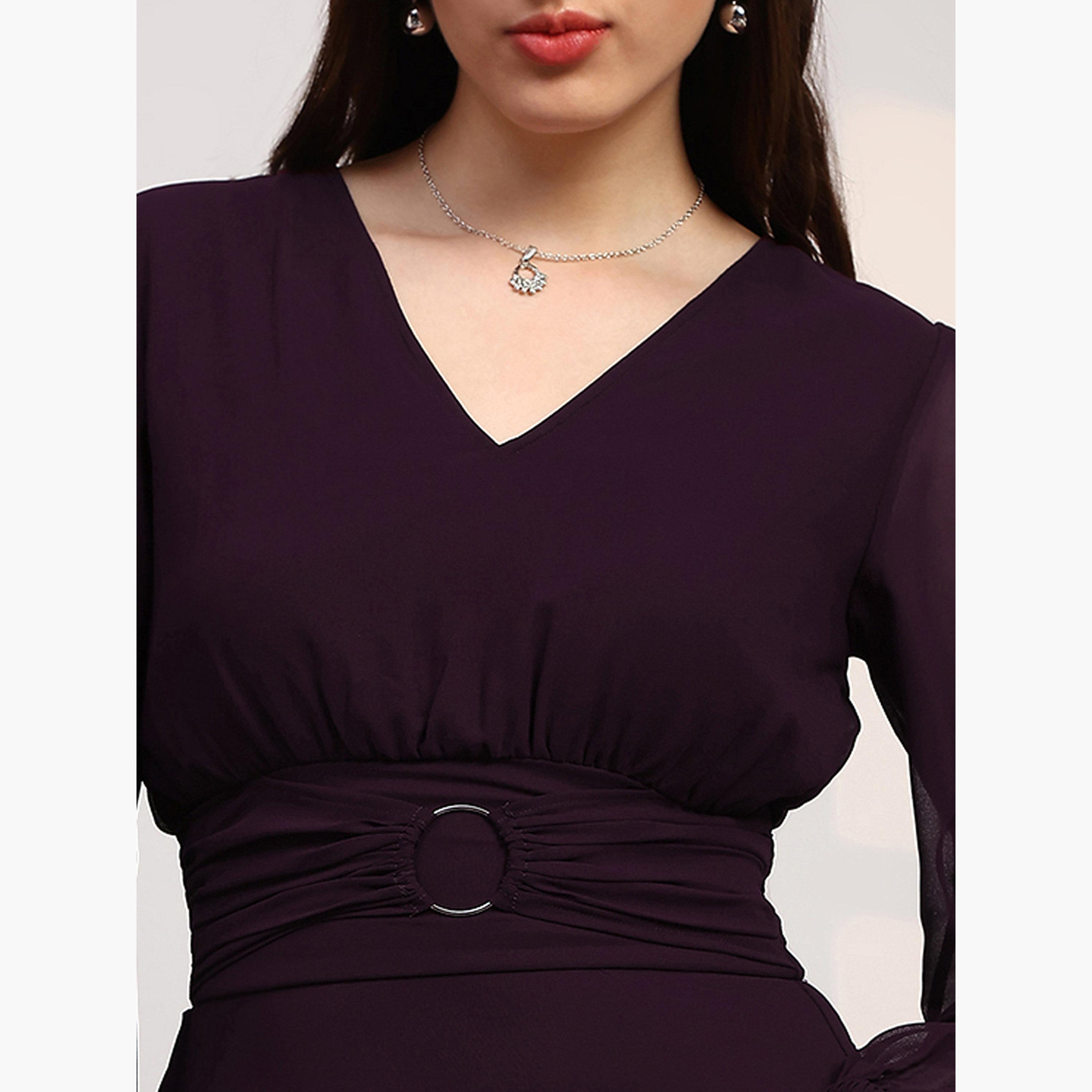 Globus X Styli Women Burgundy Bishop Sleeves Maxi Dress-women-clothing-dresses-image-5