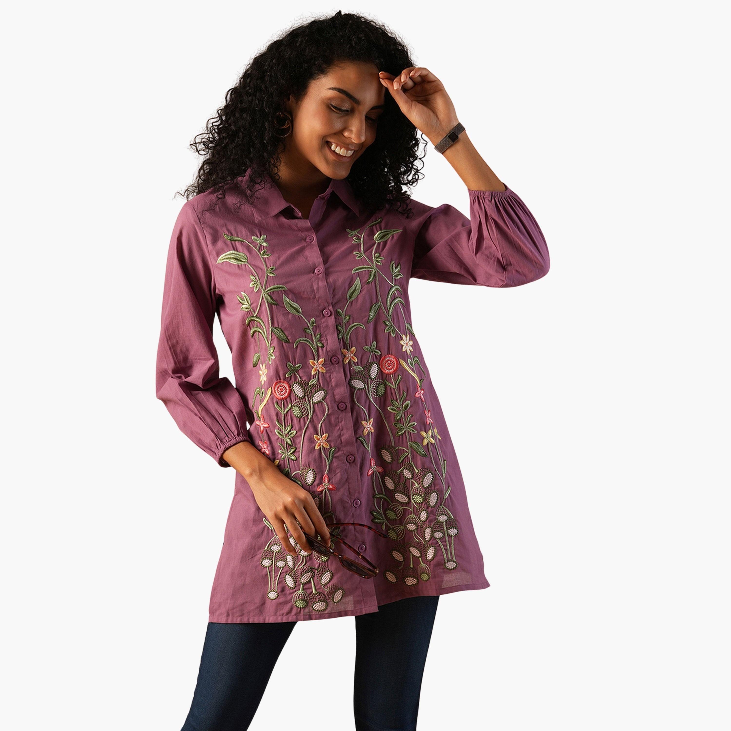 تونيك مطرز بزهور وبحافة واسعة-women-clothing-ethnicwear-kurtas-image-1