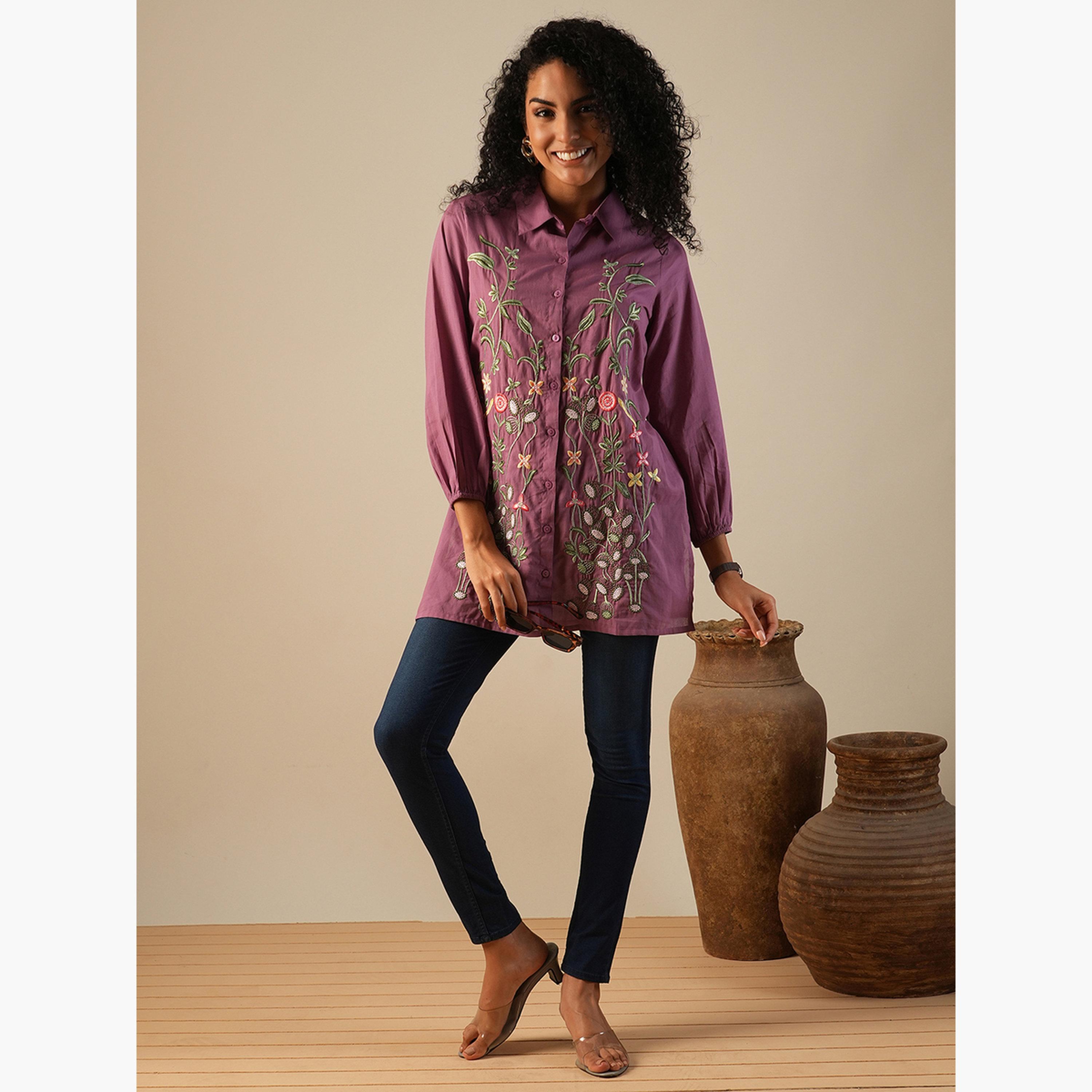 تونيك مطرز بزهور وبحافة واسعة-women-clothing-ethnicwear-kurtas-image-2