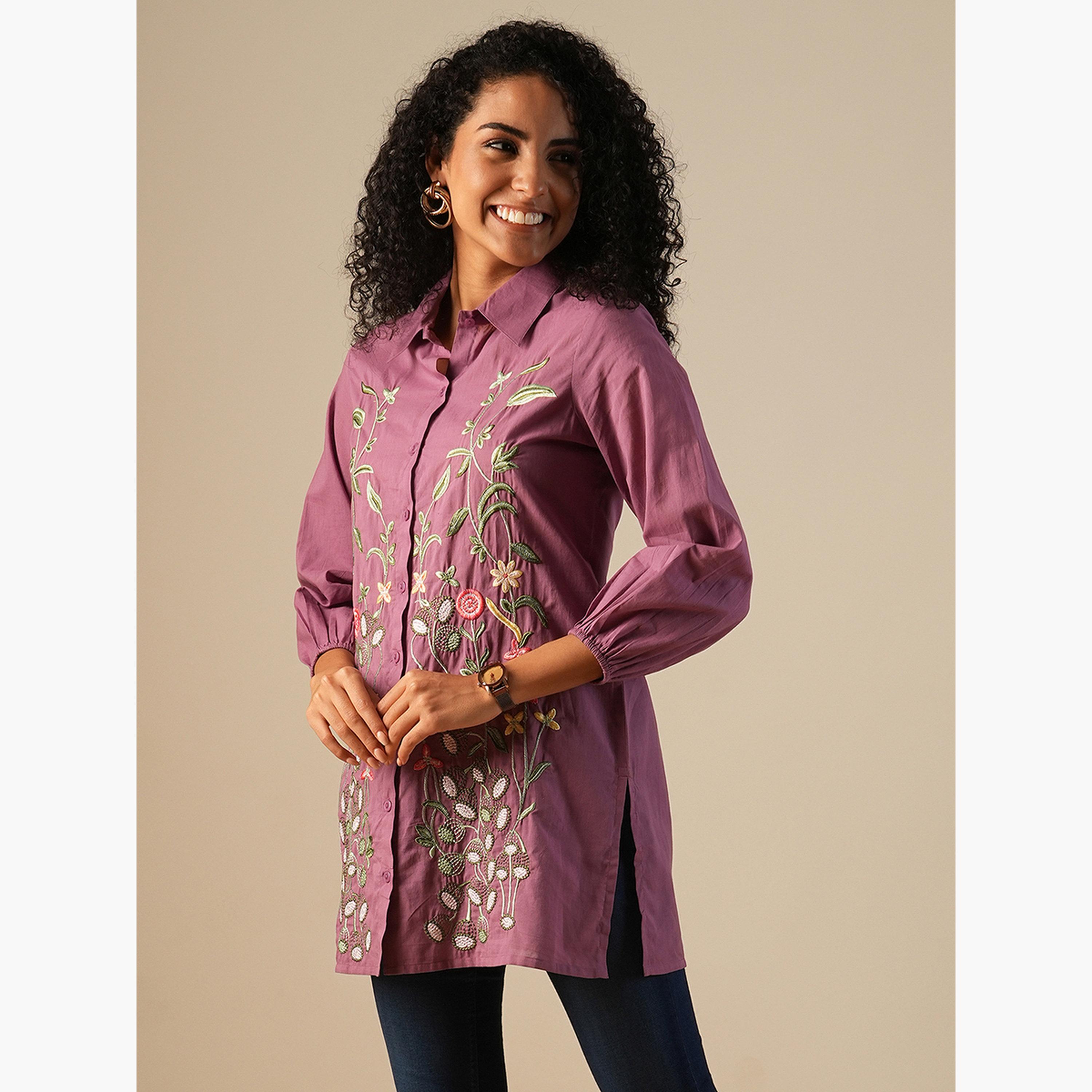 تونيك مطرز بزهور وبحافة واسعة-women-clothing-ethnicwear-kurtas-image-4