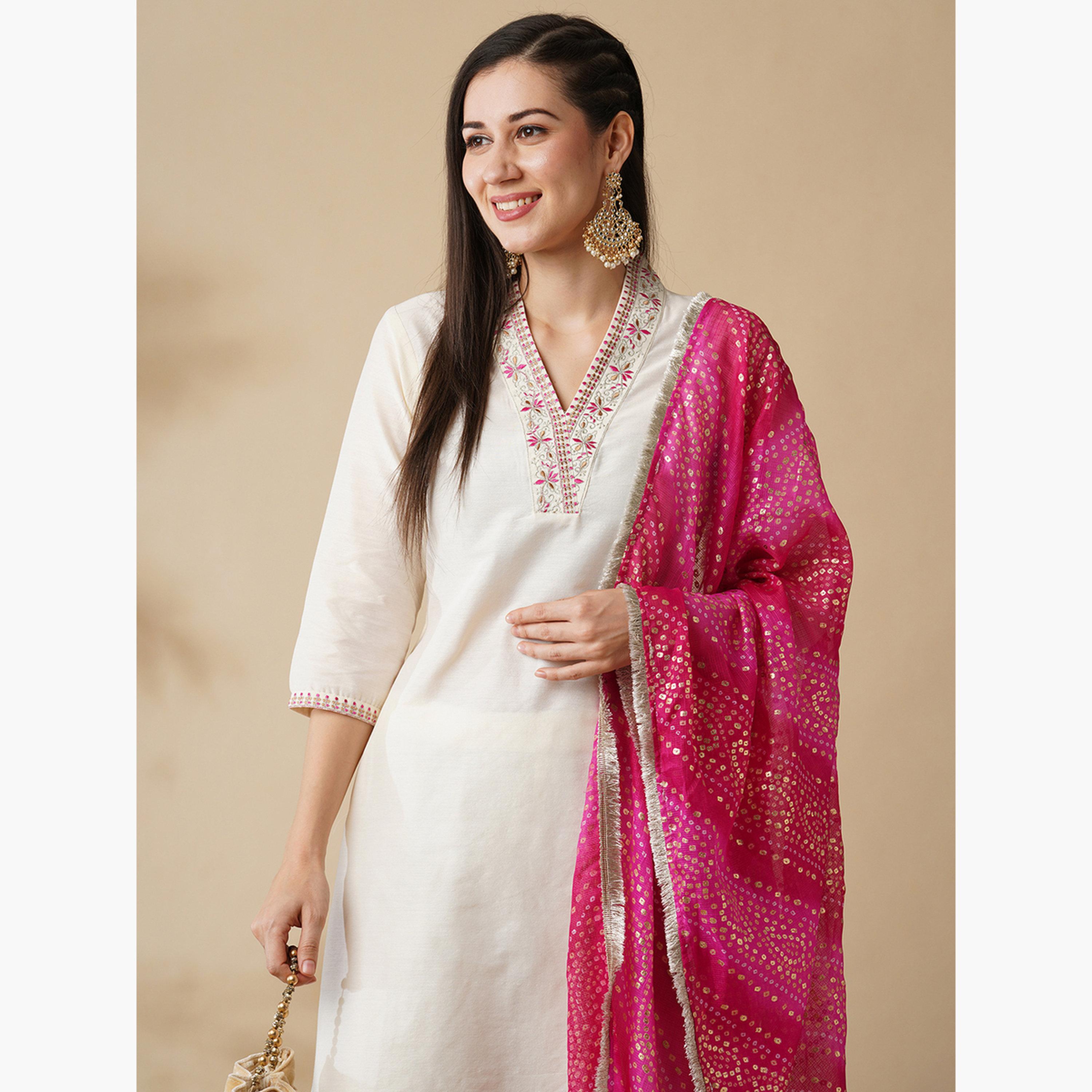 طقم كورتا مستقيمة مطرزة مع بنطال ودوباتا للنساء-women-clothing-ethnicwear-kurtasets-image-4