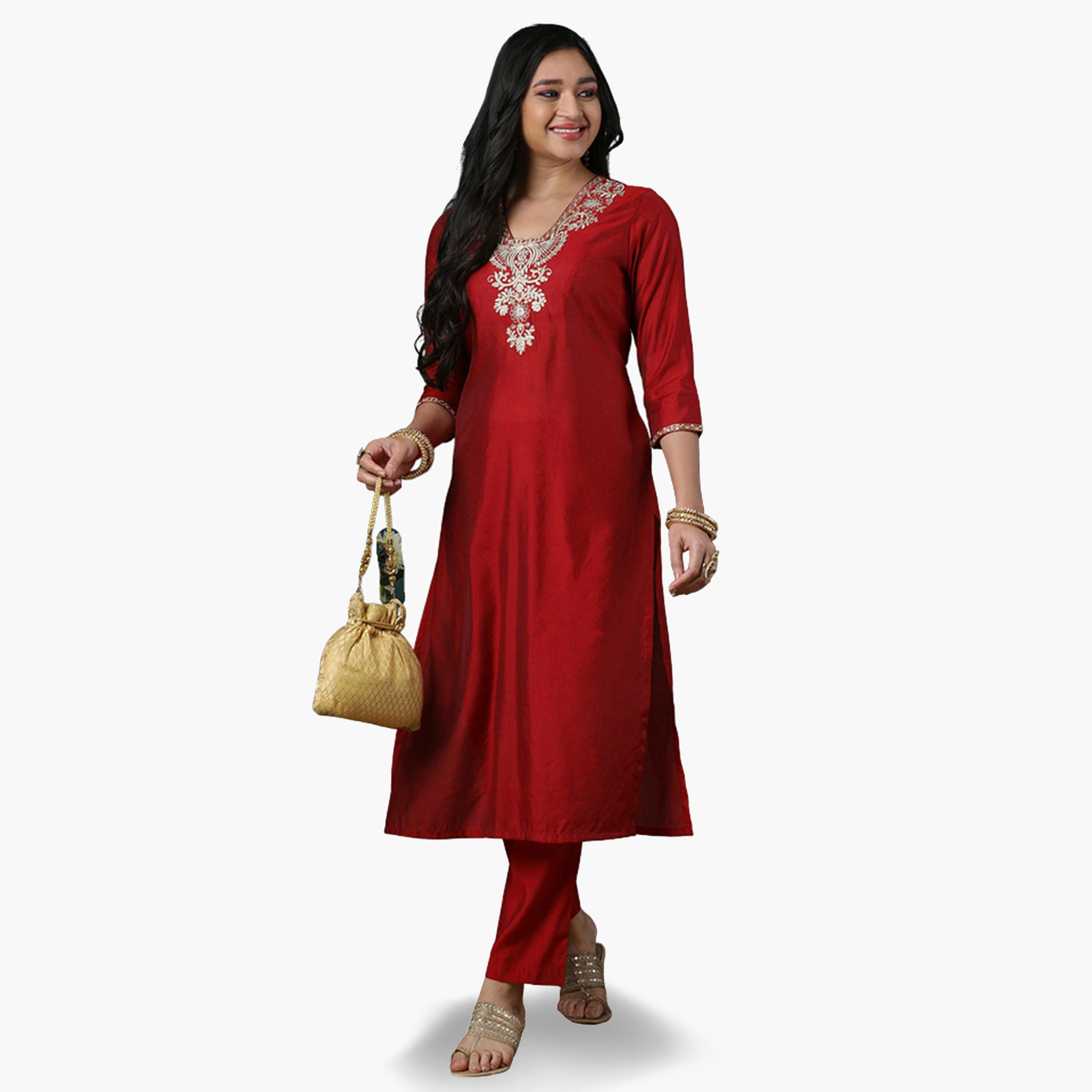 طقم من كورتا وبنطال بخصر مطاطي ومطرز للنساء-women-clothing-ethnicwear-kurtasets-image-1