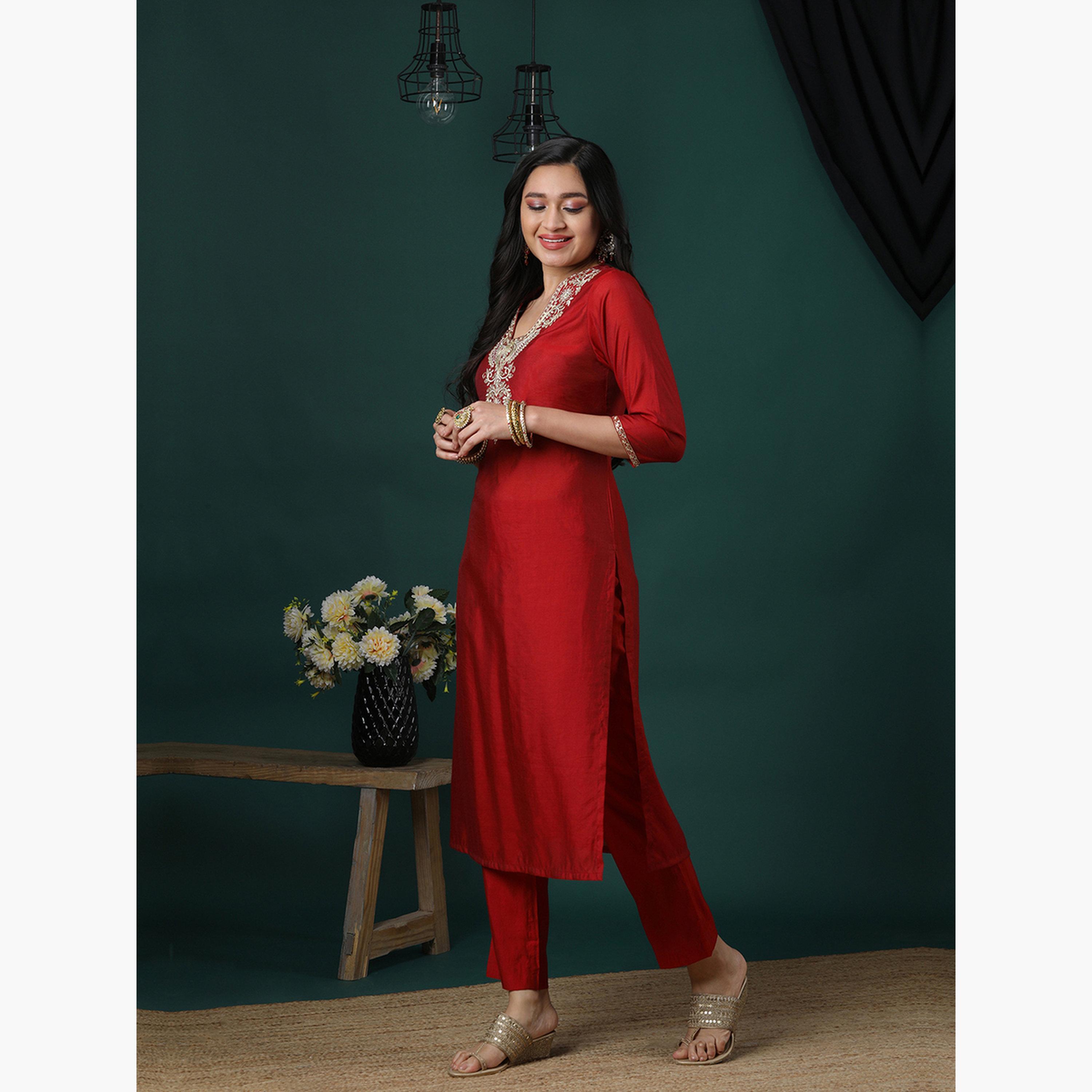 Globus X Styli Women Maroon Zari Embroidered Kurta and Elasticated Pants Set-women-clothing-ethnicwear-kurtasets-image-2