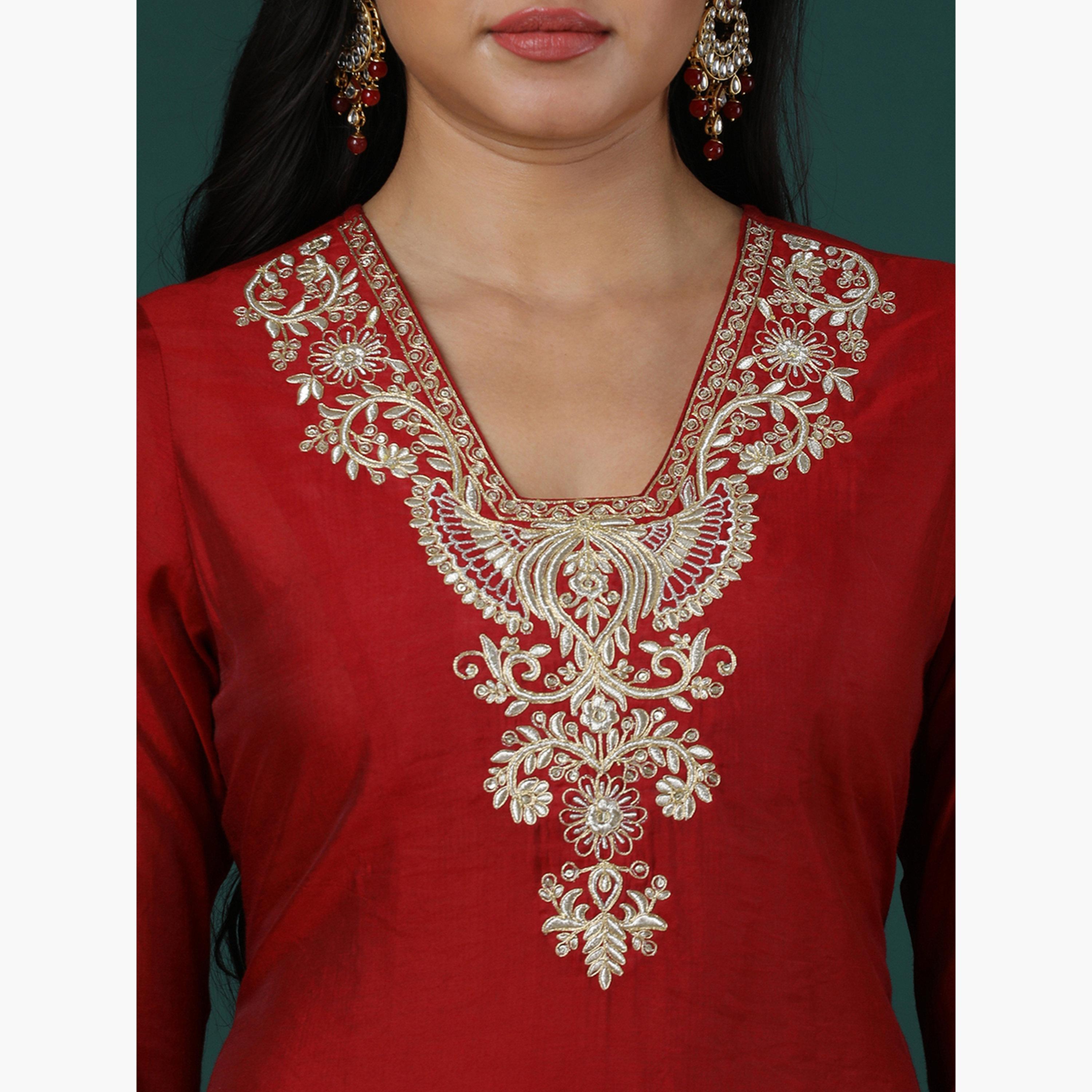 طقم من كورتا وبنطال بخصر مطاطي ومطرز للنساء-women-clothing-ethnicwear-kurtasets-image-5
