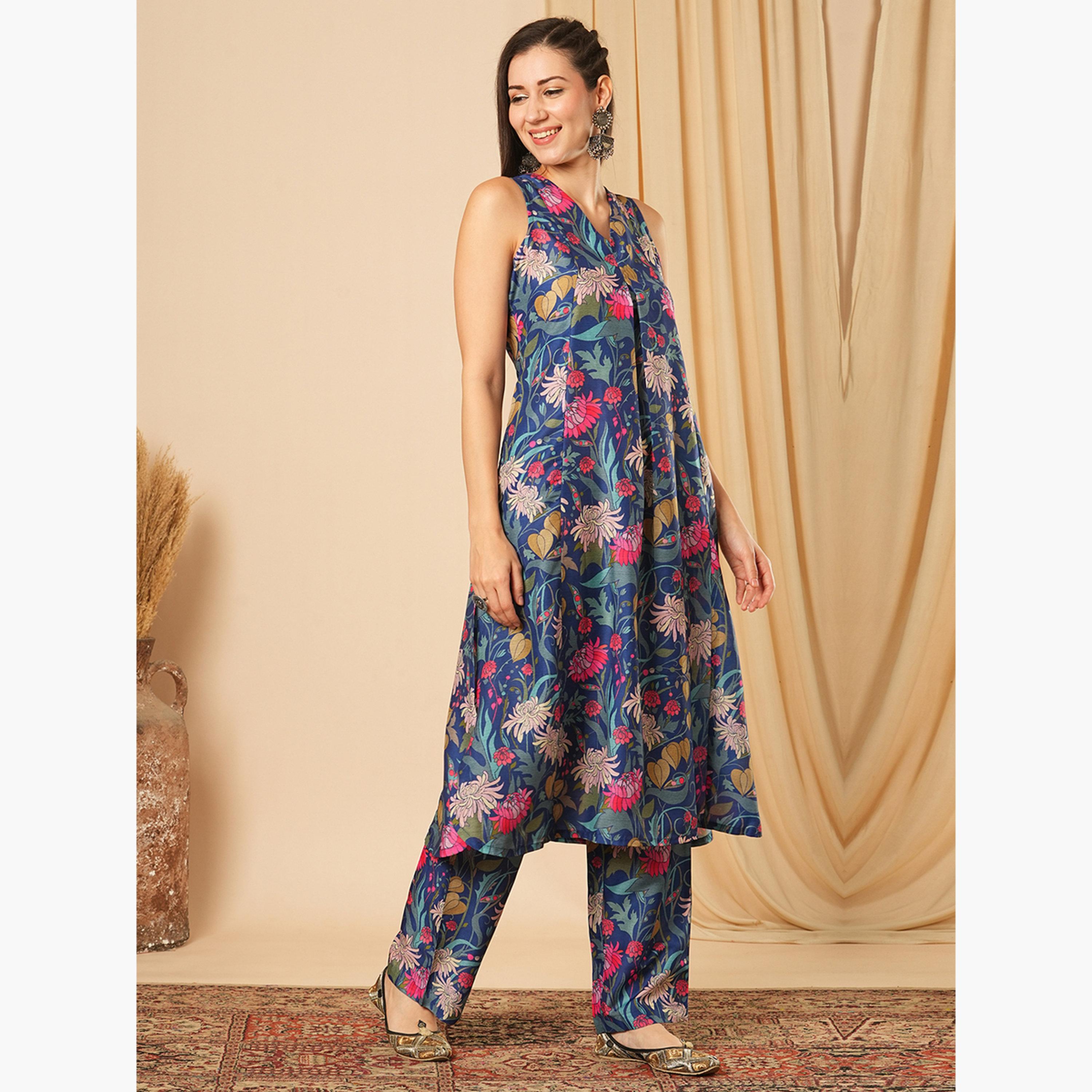 طقم كورتا بطبعة أزهار مع بنطال مستقيم للنساء-women-clothing-ethnicwear-kurtasets-image-2