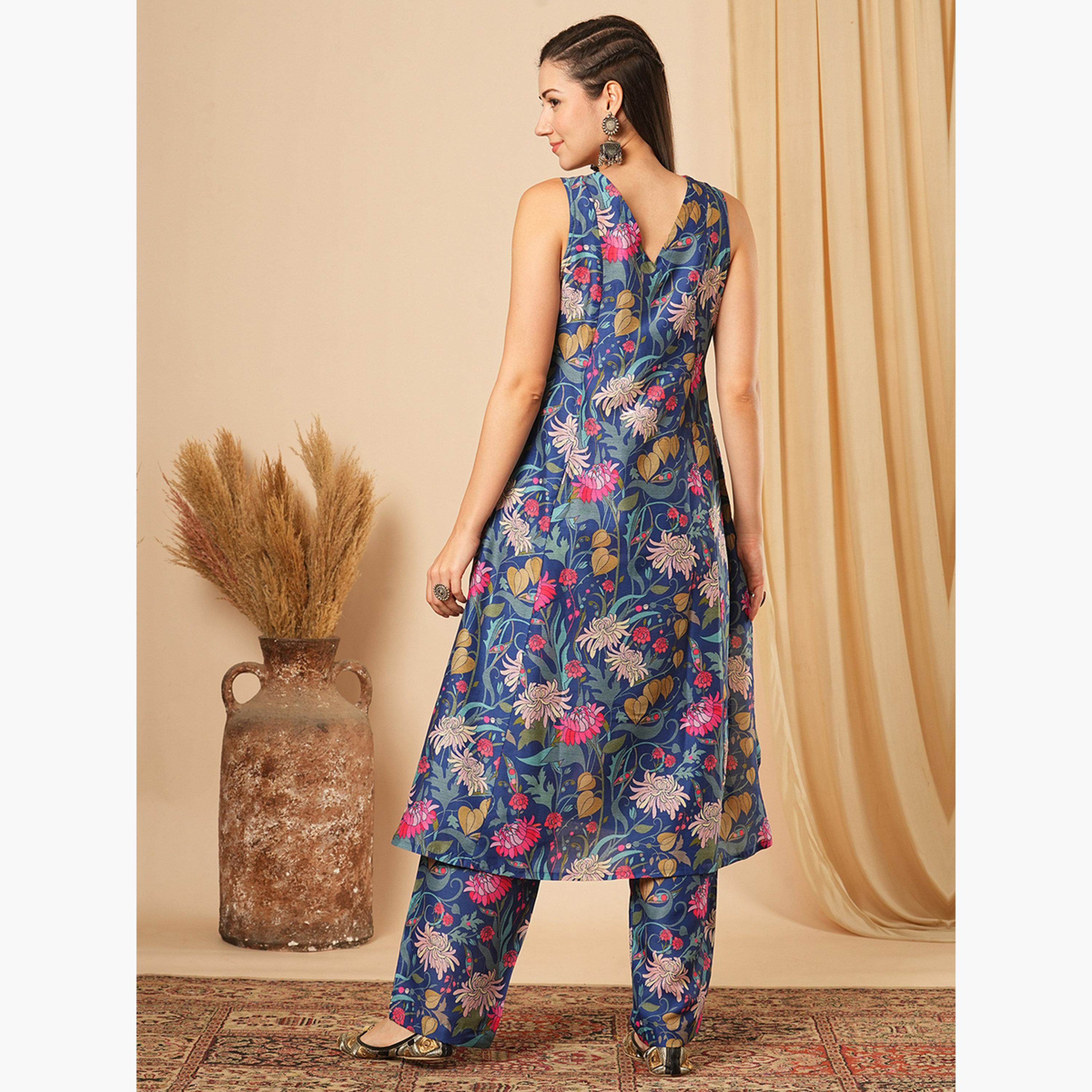 طقم كورتا بطبعة أزهار مع بنطال مستقيم للنساء-women-clothing-ethnicwear-kurtasets-image-3