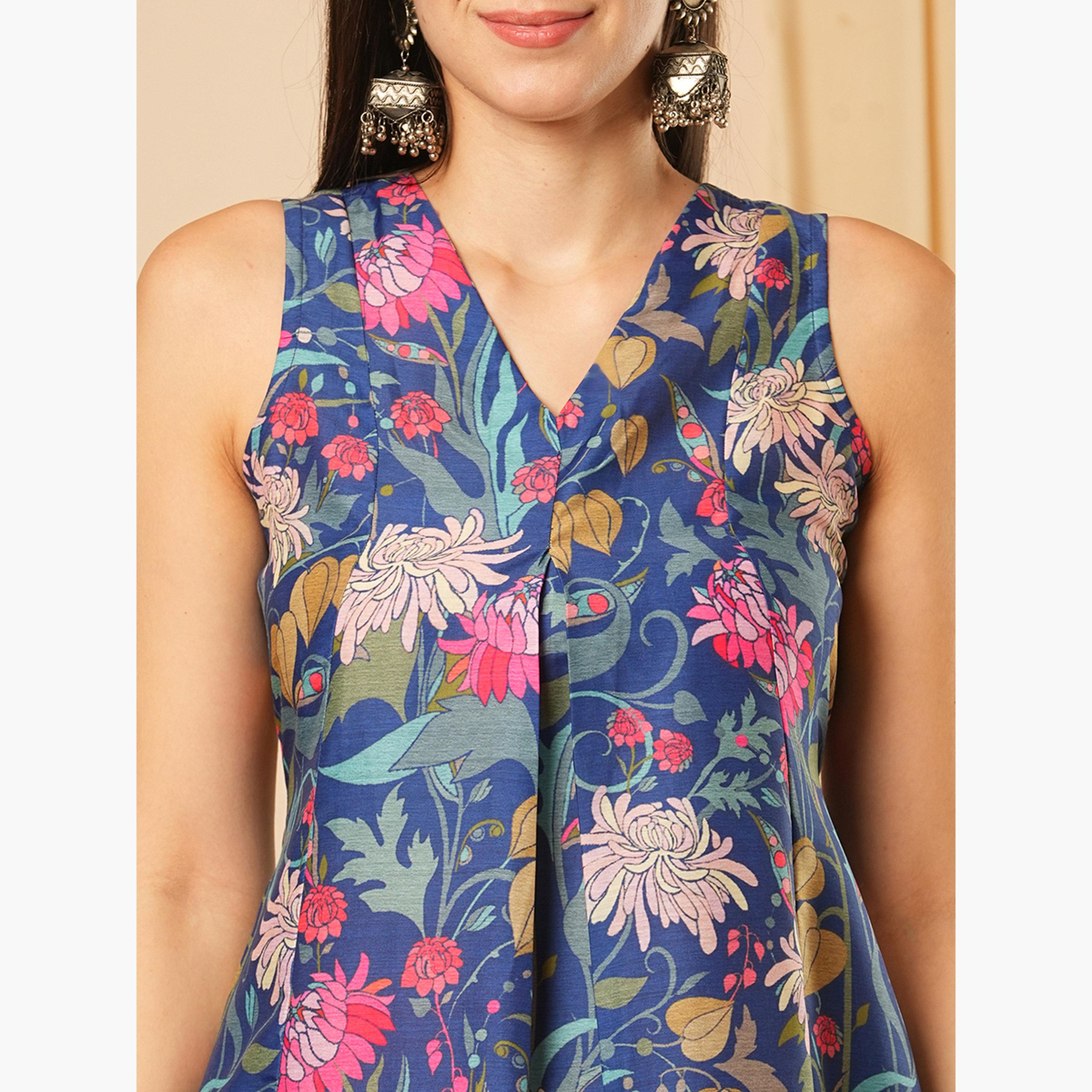 طقم كورتا بطبعة أزهار مع بنطال مستقيم للنساء-women-clothing-ethnicwear-kurtasets-image-6