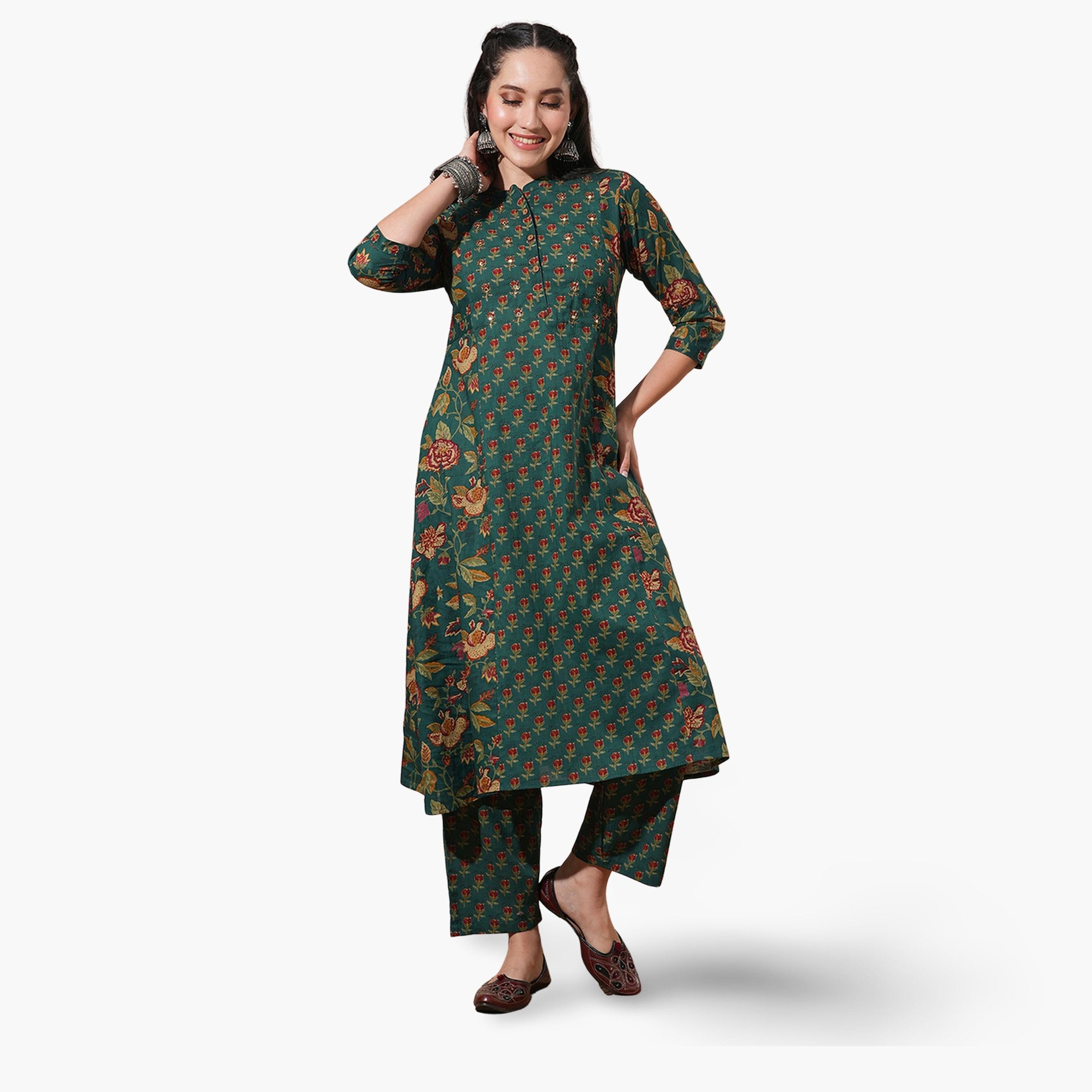 Globus X Styli Women Green Floral Print Mandarin Neck Kurta with Pant Set-women-clothing-ethnicwear-kurtasets-image-1